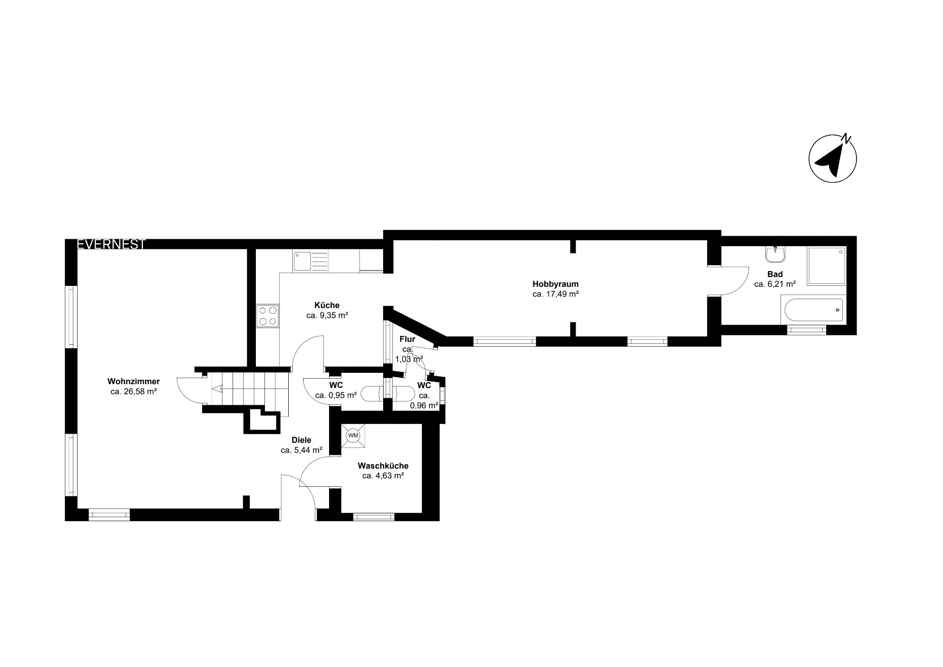 Grundriss mit Wohnzimmer, Küche, Hobbyraum, Bad, Waschküche und Flur.