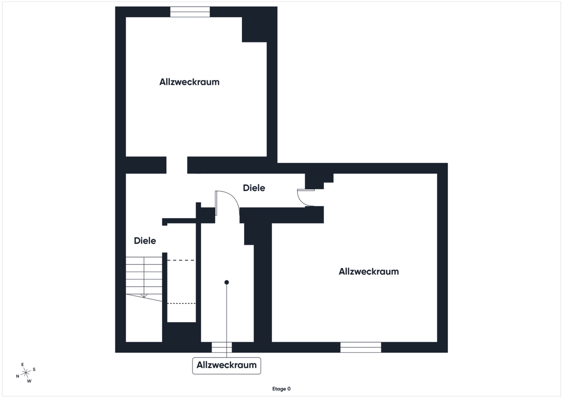 Grundriss mit drei Allzweckräumen und zwei Dielen, Treppe unten links sichtbar.