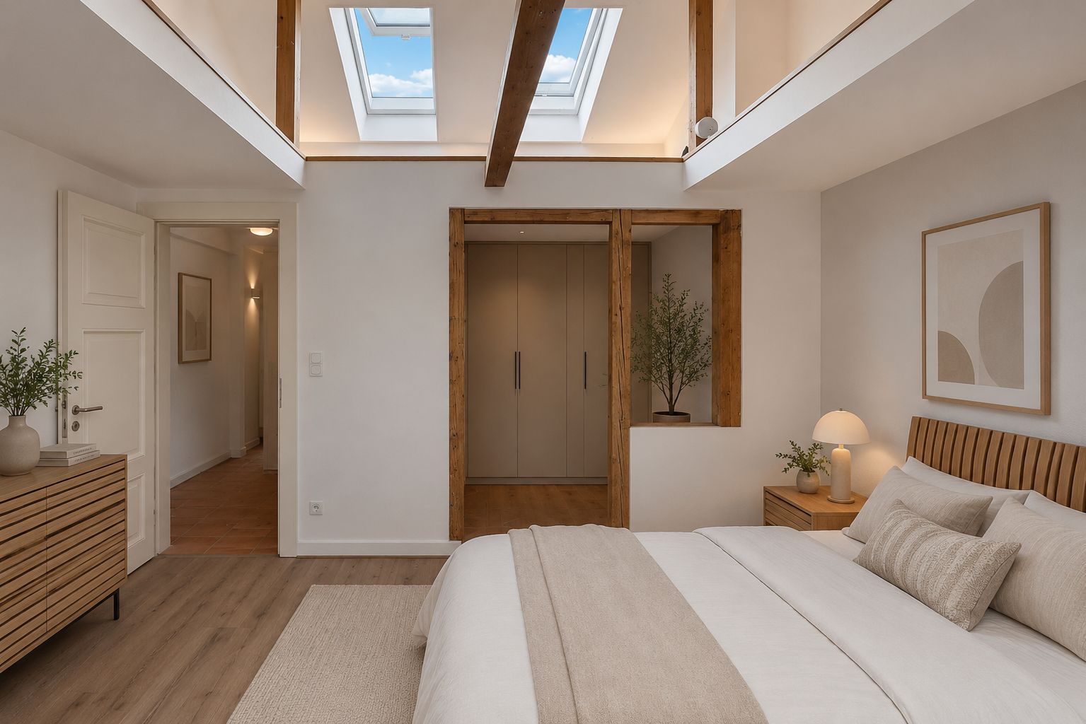 Modernes Schlafzimmer mit Holzbalken, Dachfenstern und neutralen Farben.