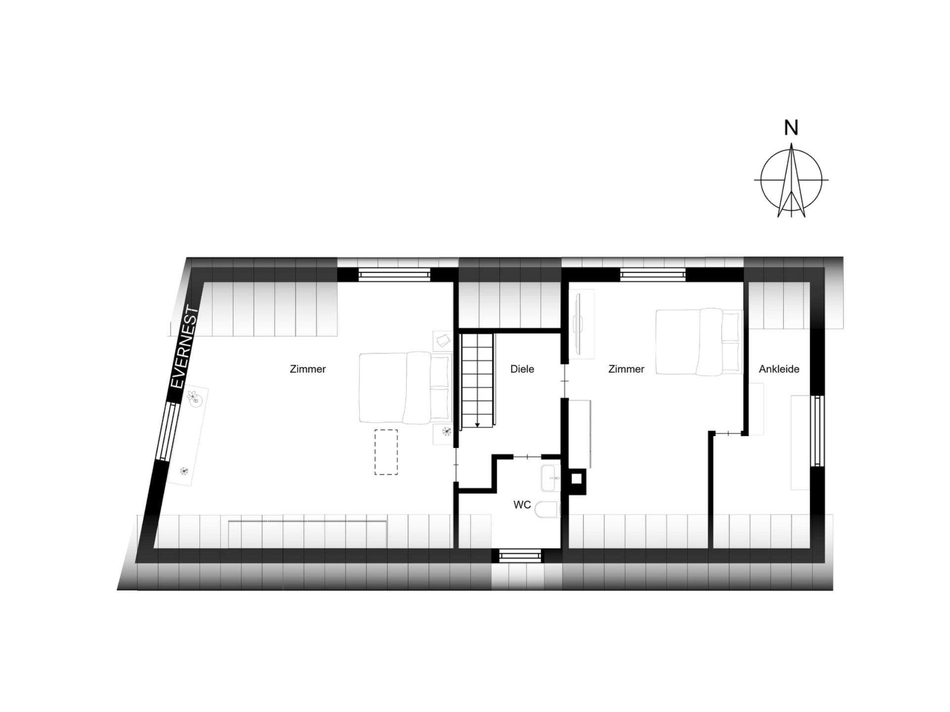 Grundriss mit zwei Zimmern, Ankleide, WC und Diele, Kompass oben rechts.