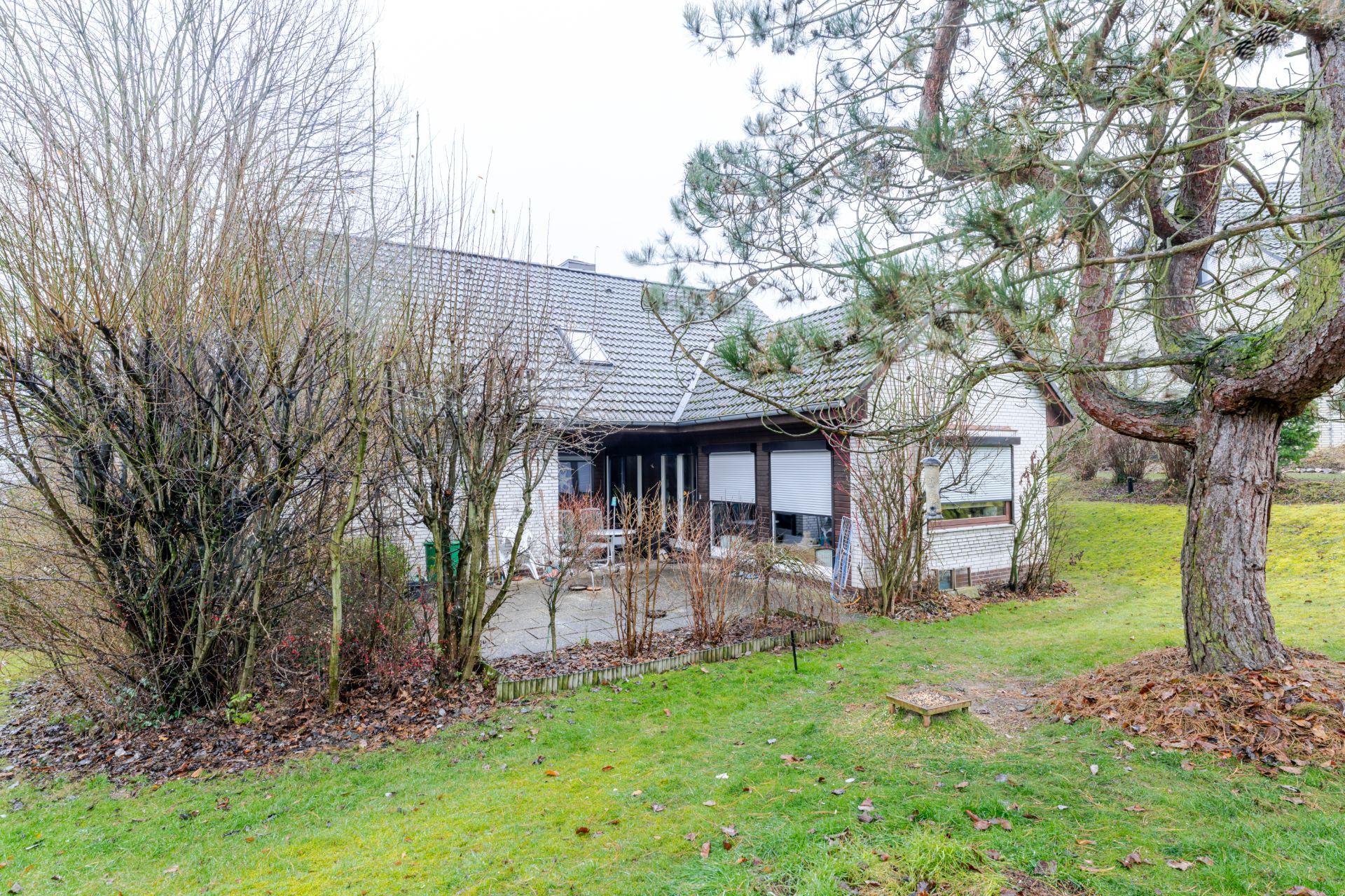 Rückseite eines Hauses mit Terrasse, Garten, Bäumen und Sträuchern.