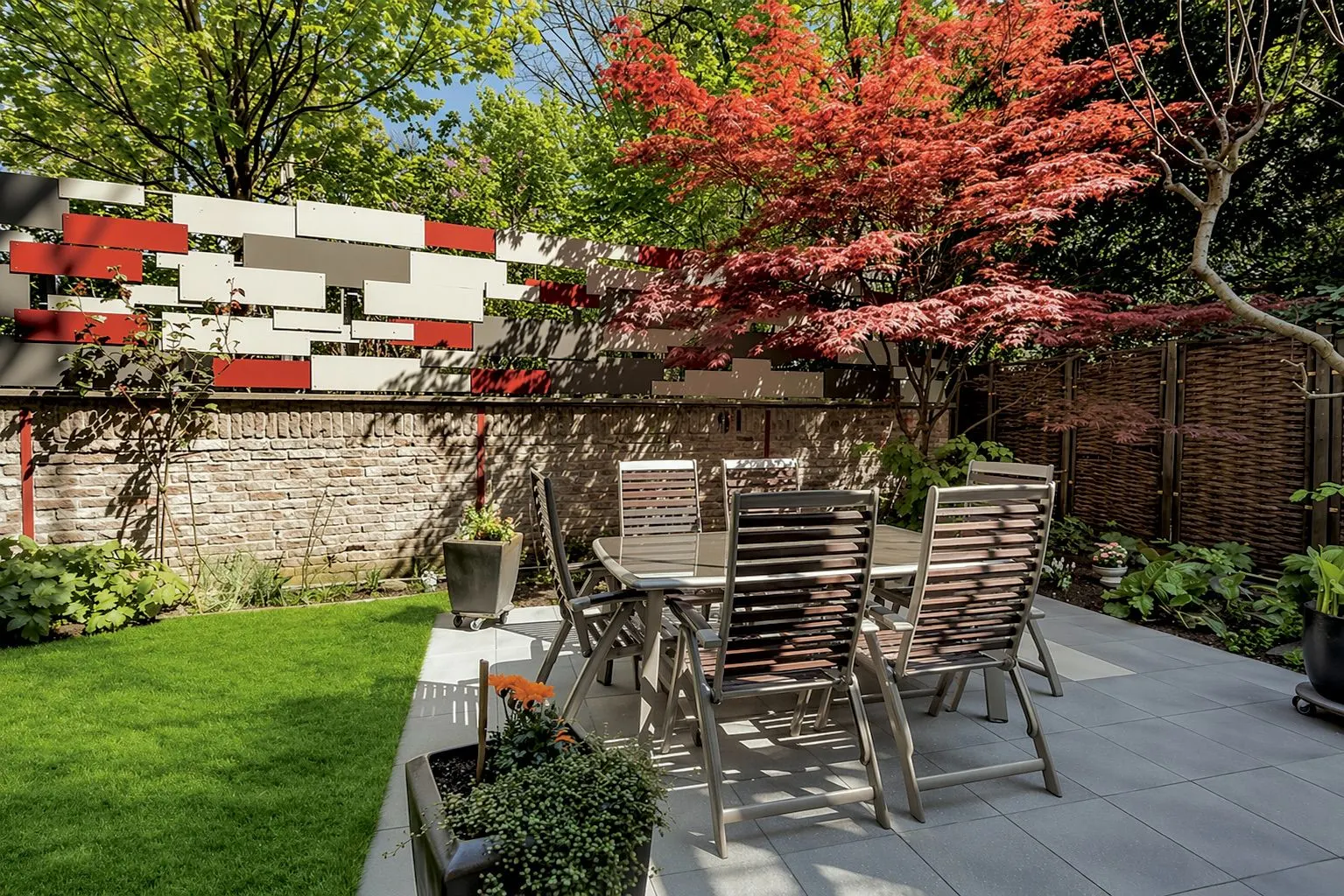 Terrasse mit Gartentisch und Stühlen, umgeben von Pflanzen und buntem Zaun.