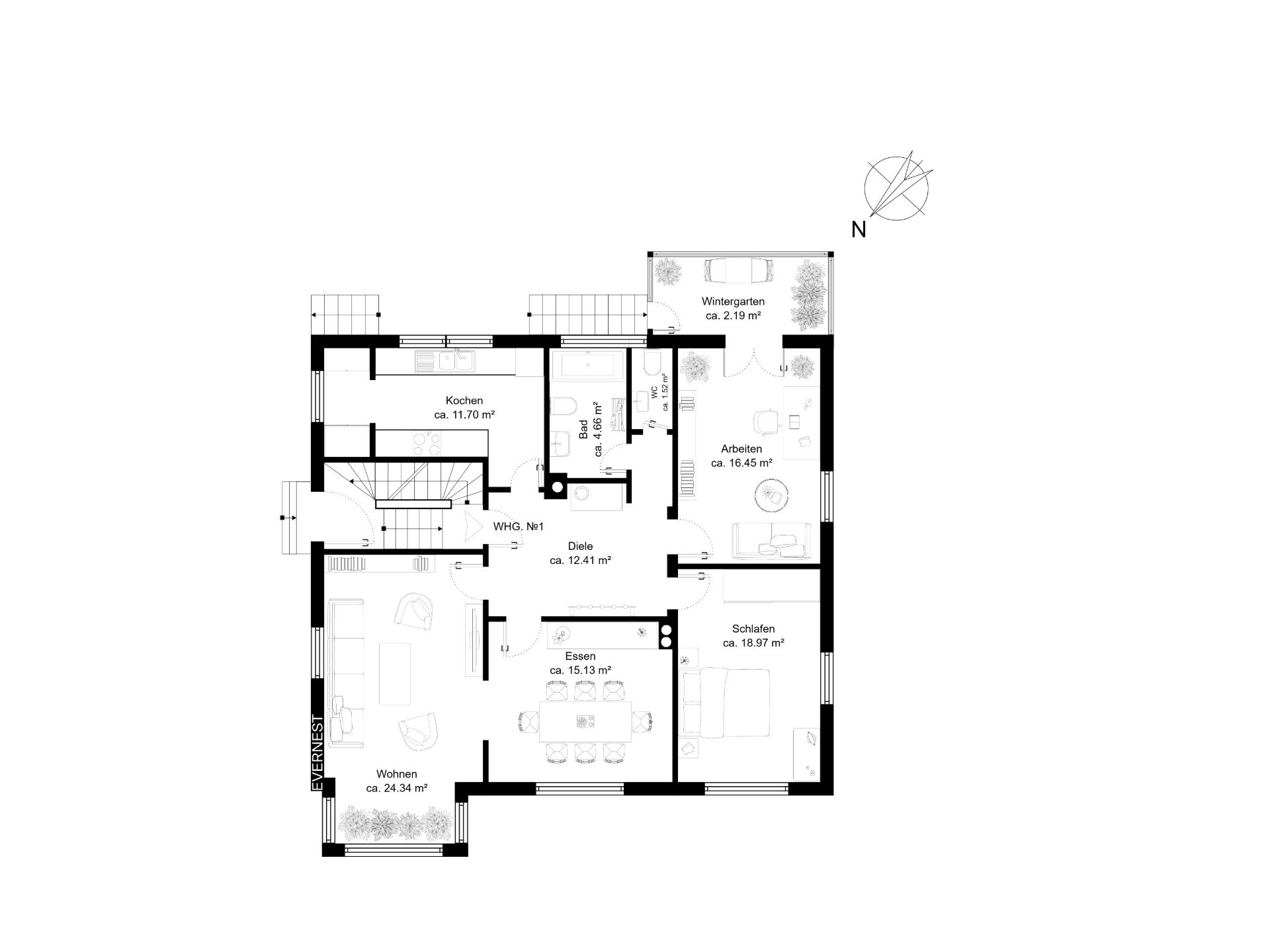 Grundriss einer Wohnung mit Wohn-, Schlaf-, Esszimmer, Küche, Bad, Arbeitszimmer und Wintergarten.