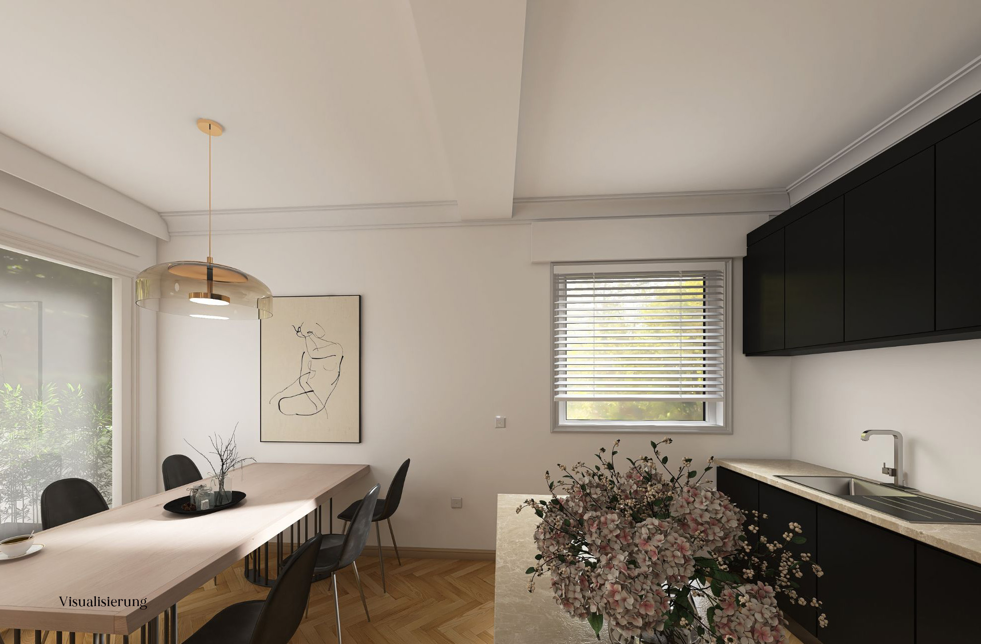 Moderne Küche mit Esstisch, schwarzen Stühlen, großem Fenster und Blumendekoration.