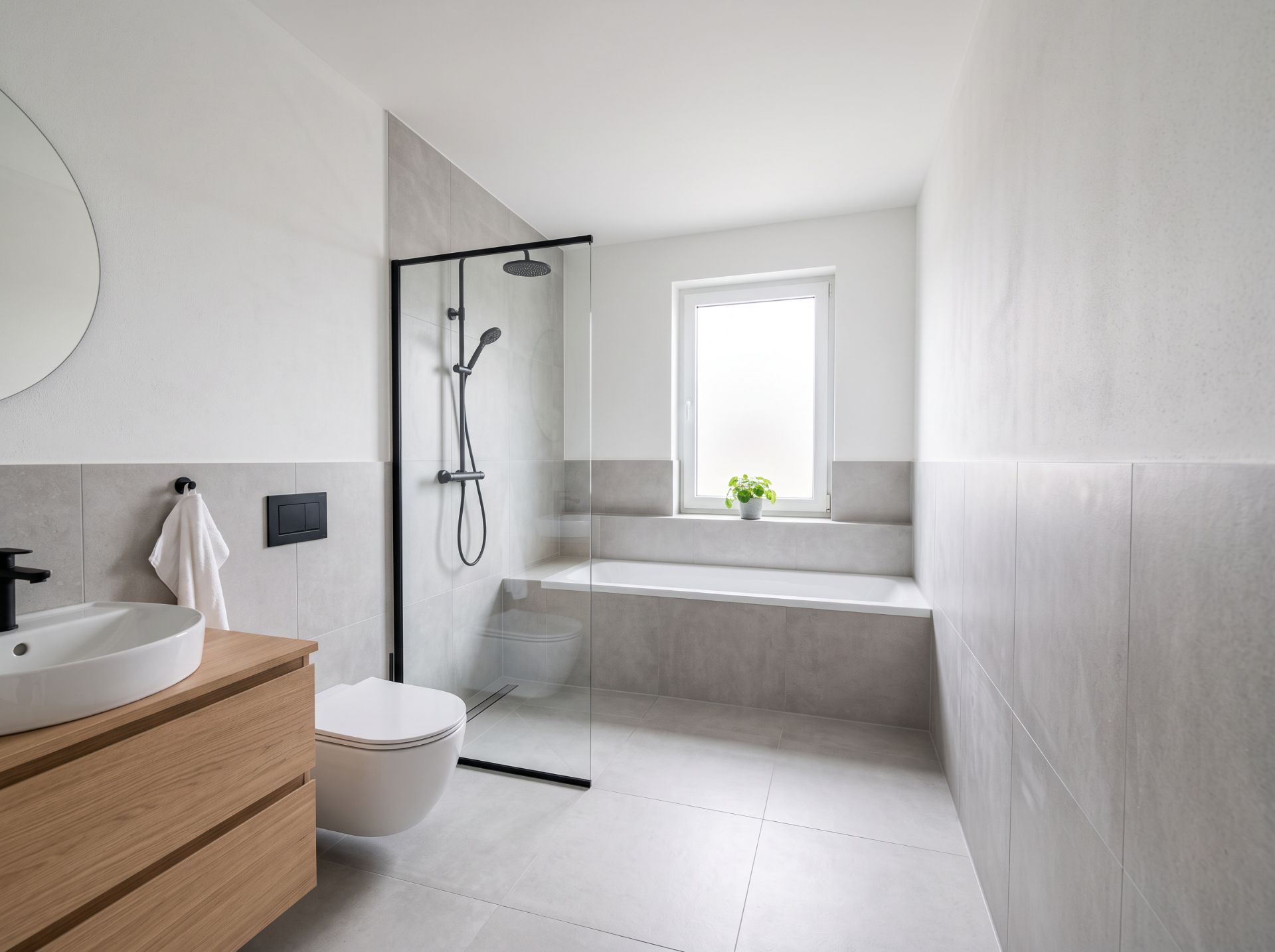 Modernes Badezimmer mit Dusche, Badewanne, Waschbecken und großem Fenster.