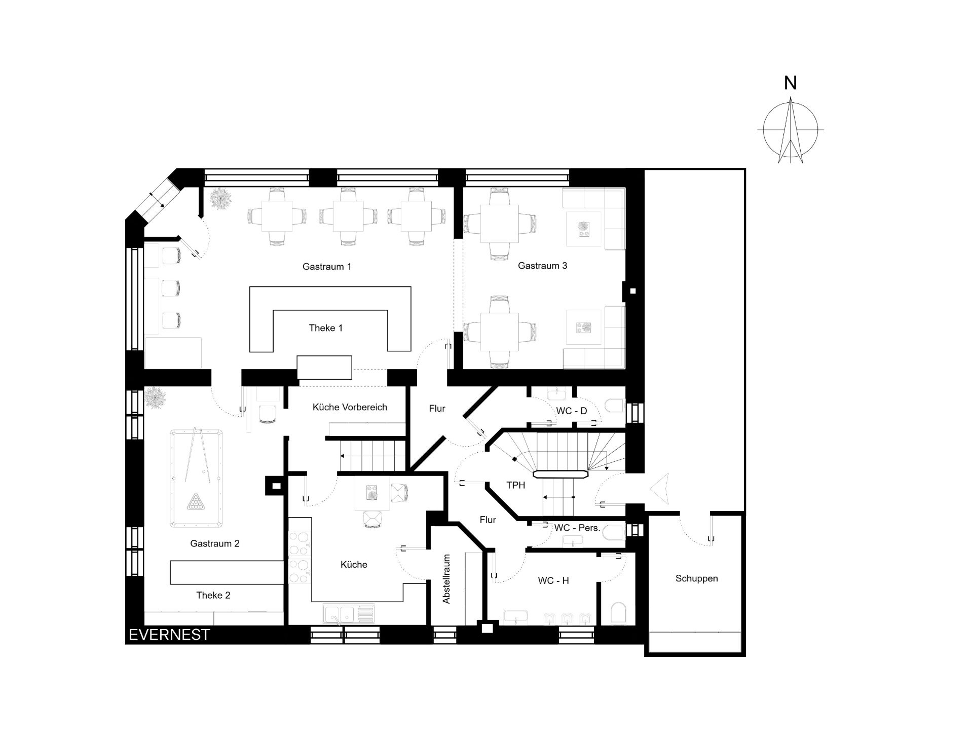 Grundriss einer Wohnung mit mehreren Räumen, Küche, WC und Schuppen, Möbel sind eingezeichnet.
