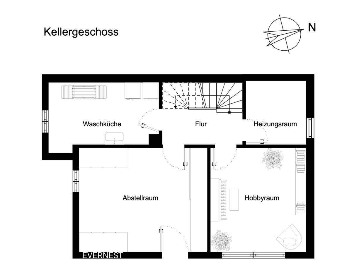 Grundriss des Kellers mit Waschküche, Abstellraum, Heizungsraum, Flur und Hobbyraum.