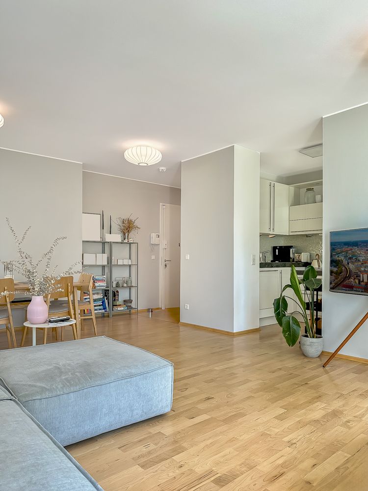 Helles Wohnzimmer mit Holzboden, grauem Sofa, Esstisch, Regal, Pflanze und offener Küche.