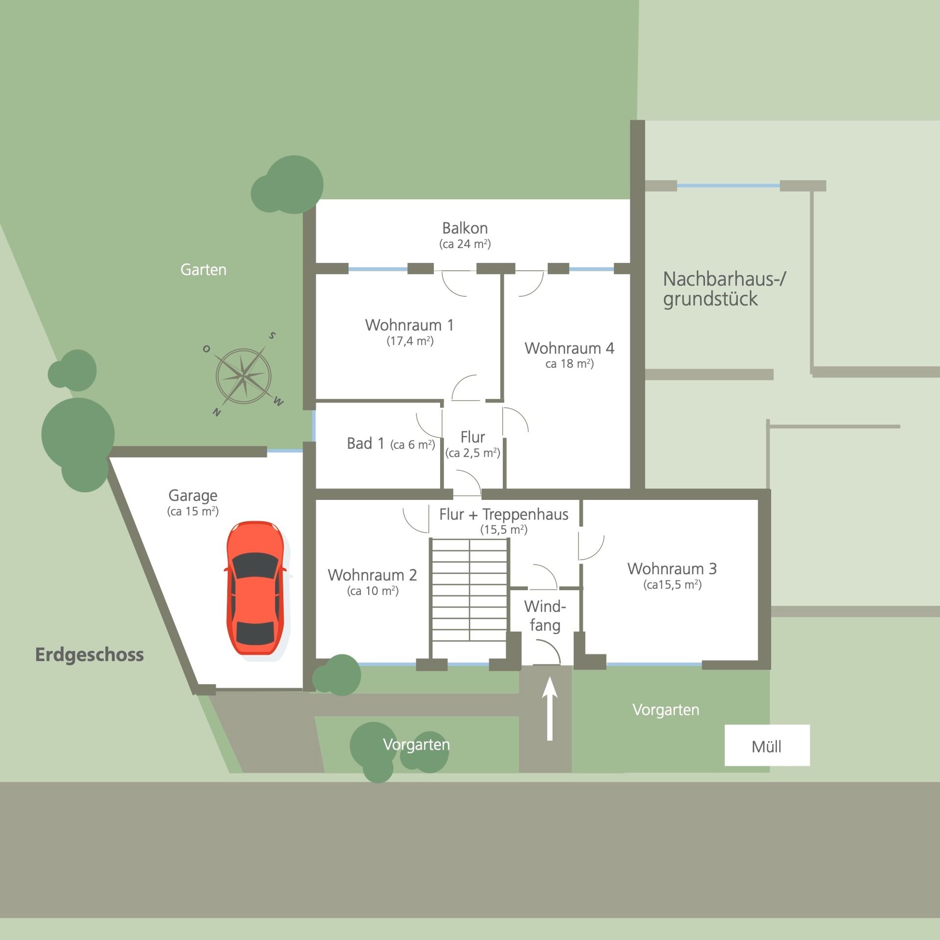Grundriss eines Erdgeschosses mit vier Wohnräumen, Bad, Flur, Balkon, Garage und Garten.