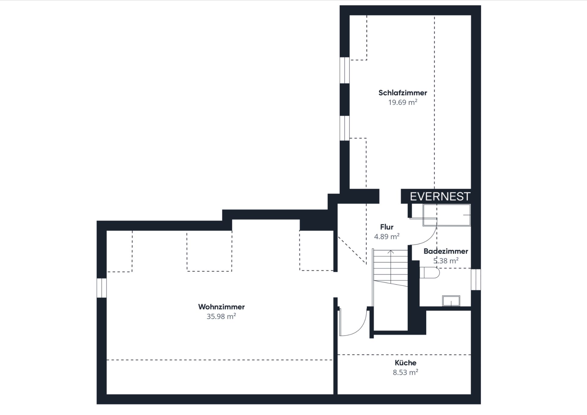 Grundriss mit Wohnzimmer, Schlafzimmer, Küche, Bad und Flur, Flächenangaben inklusive.
