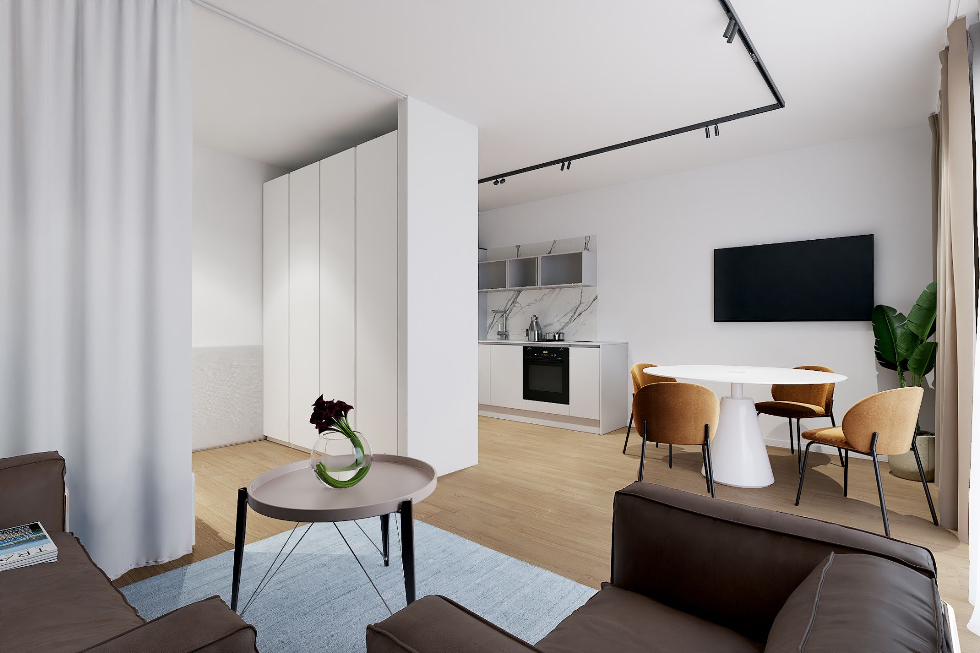 Modernes Wohnzimmer mit Sofa, Couchtisch, offener Küche und Esstisch mit vier Stühlen.
