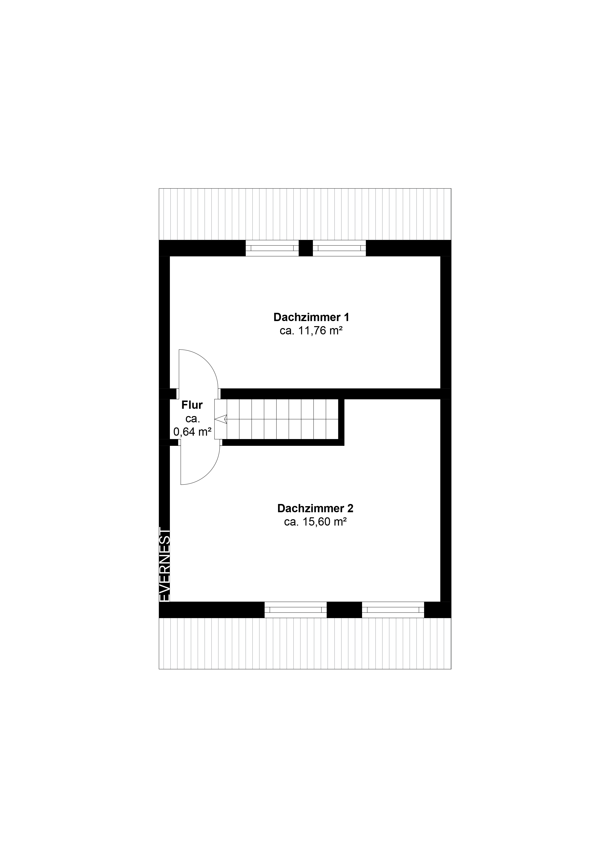 Grundriss mit zwei Dachzimmern und Flur, Flächenangaben in Quadratmetern.