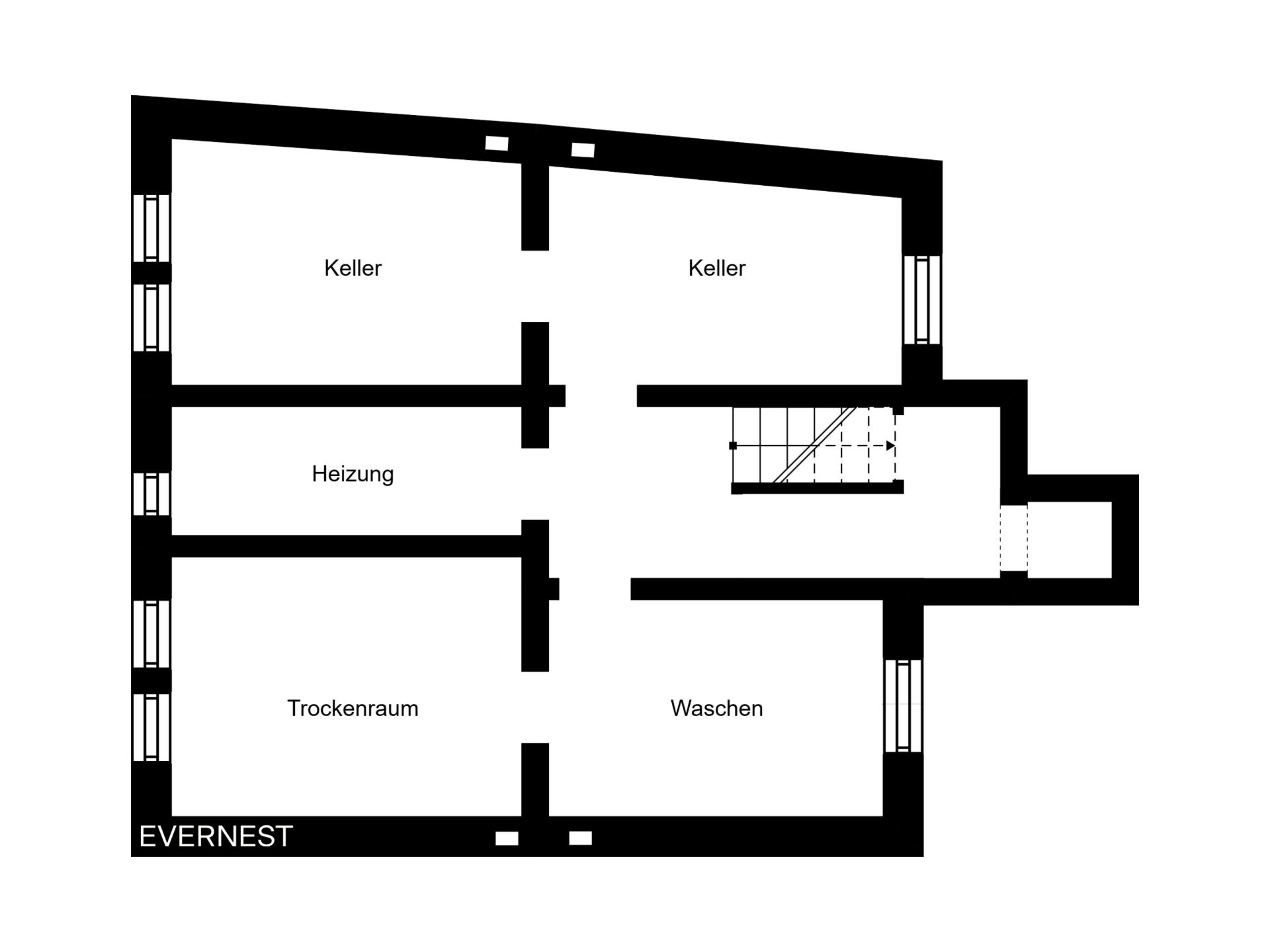 Grundriss eines Kellers mit Heizungsraum, Trockenraum, Waschraum und zwei Kellerräumen.