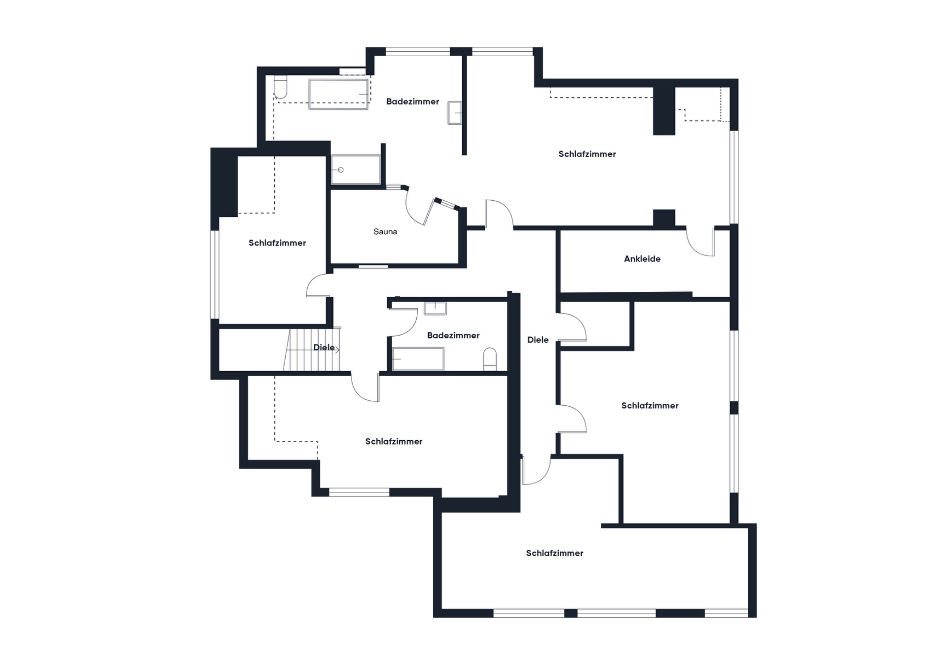 Grundriss mit mehreren Schlafzimmern, zwei Badezimmern, einer Sauna und einer Ankleide.