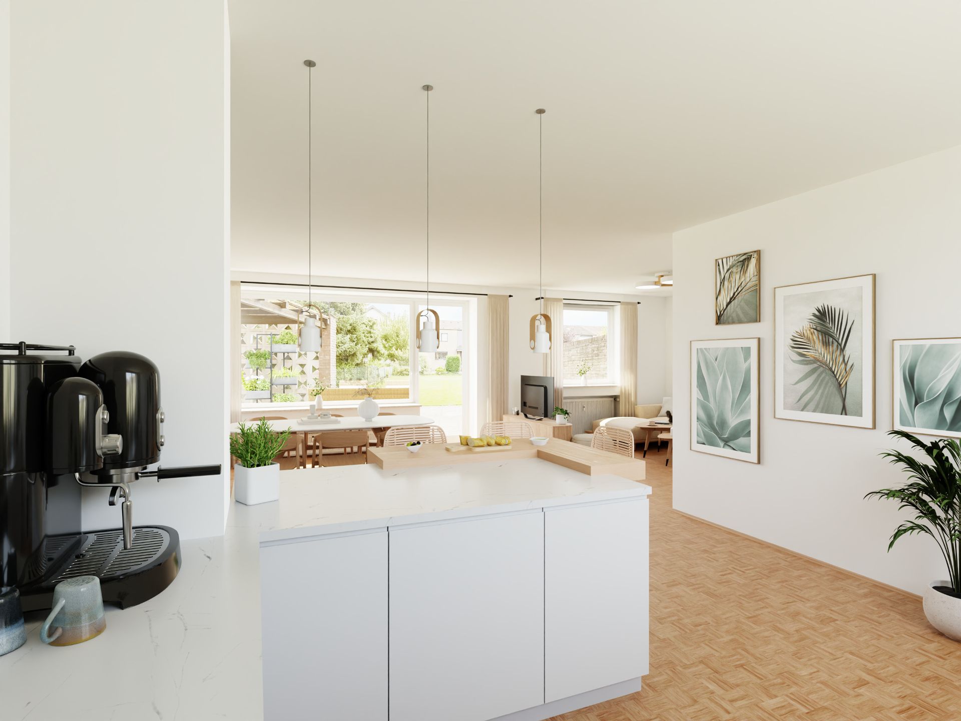 Moderne Küche mit Insel, Essbereich und Wohnzimmer, viel Tageslicht, Pflanzen und Wandbilder.
