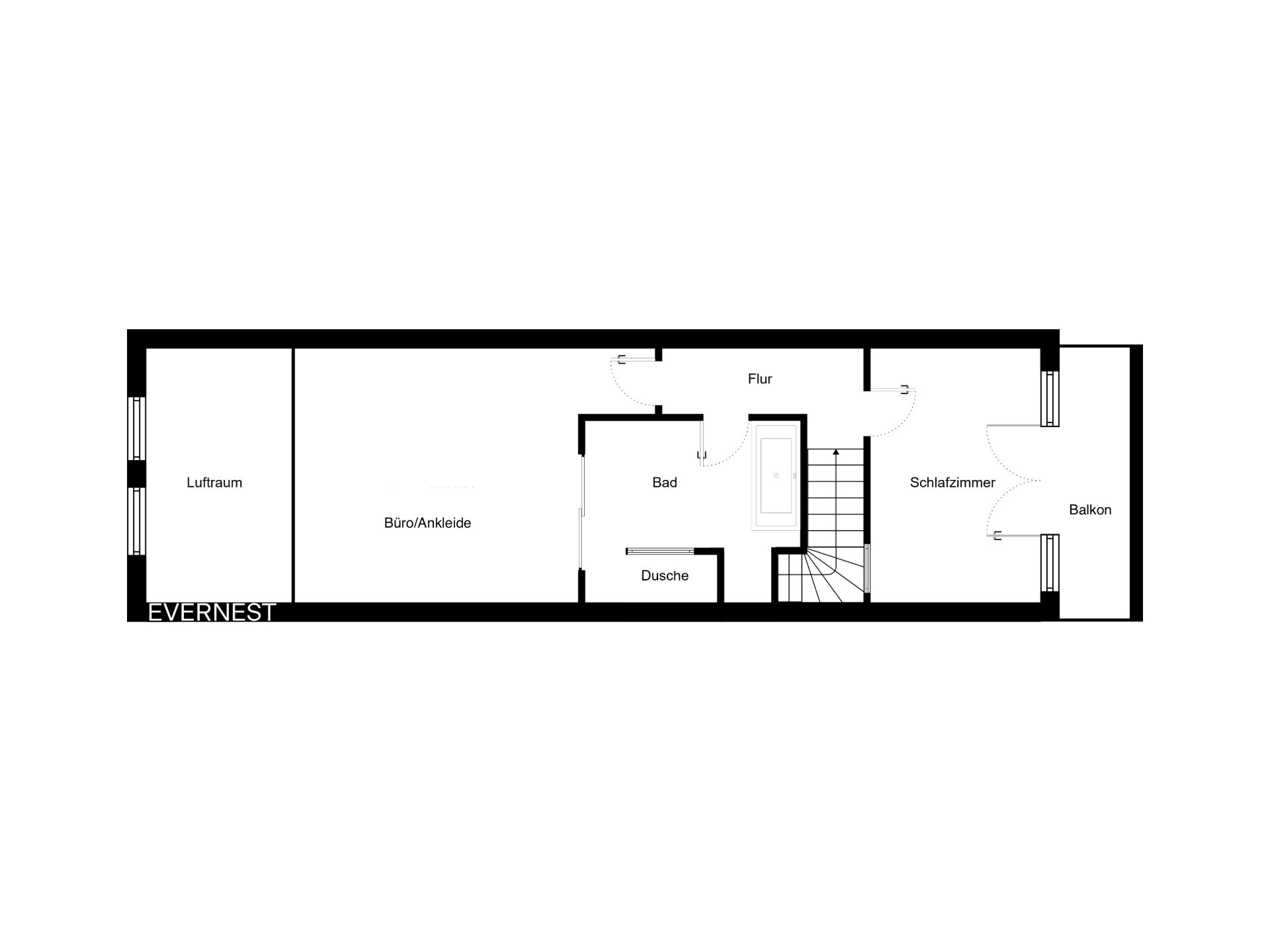 Grundriss mit Schlafzimmer, Bad, Büro/Ankleide, Flur, Luftraum und Balkon.