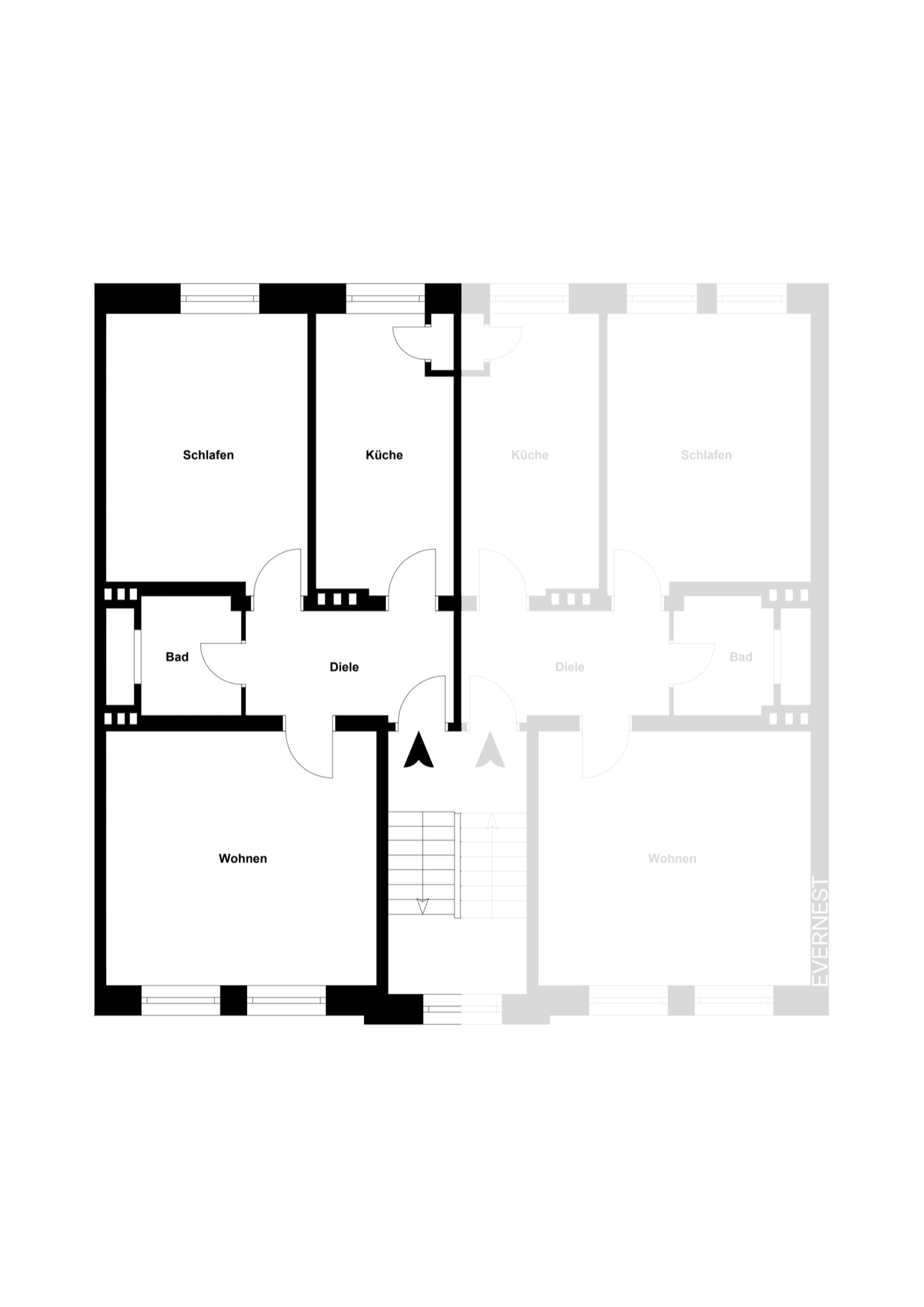 Grundriss einer Wohnung mit Schlafzimmer, Wohnzimmer, Küche, Bad und Diele.