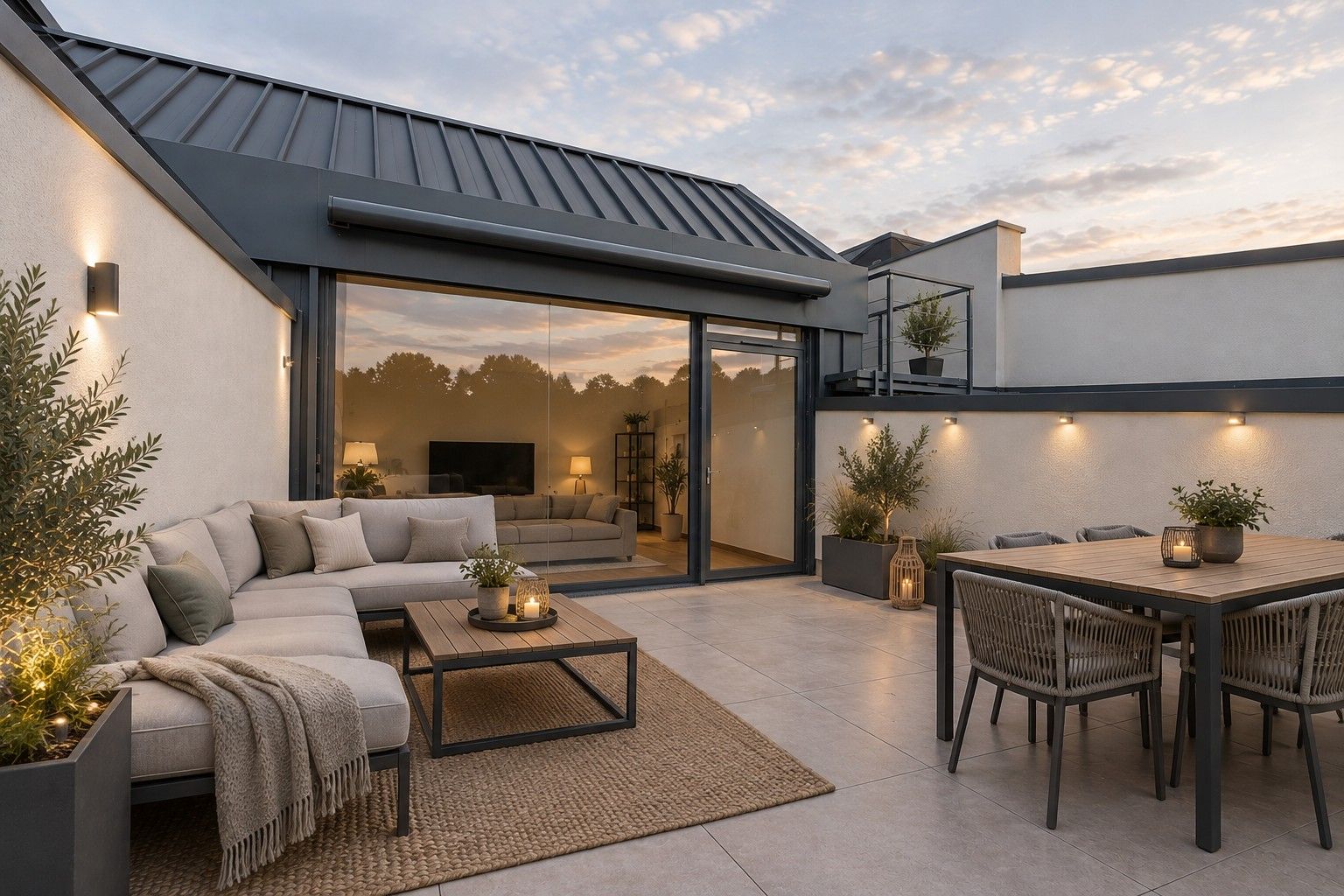 Moderne Dachterrasse mit Sofa, Esstisch, Pflanzen und stimmungsvoller Beleuchtung am Abend.
