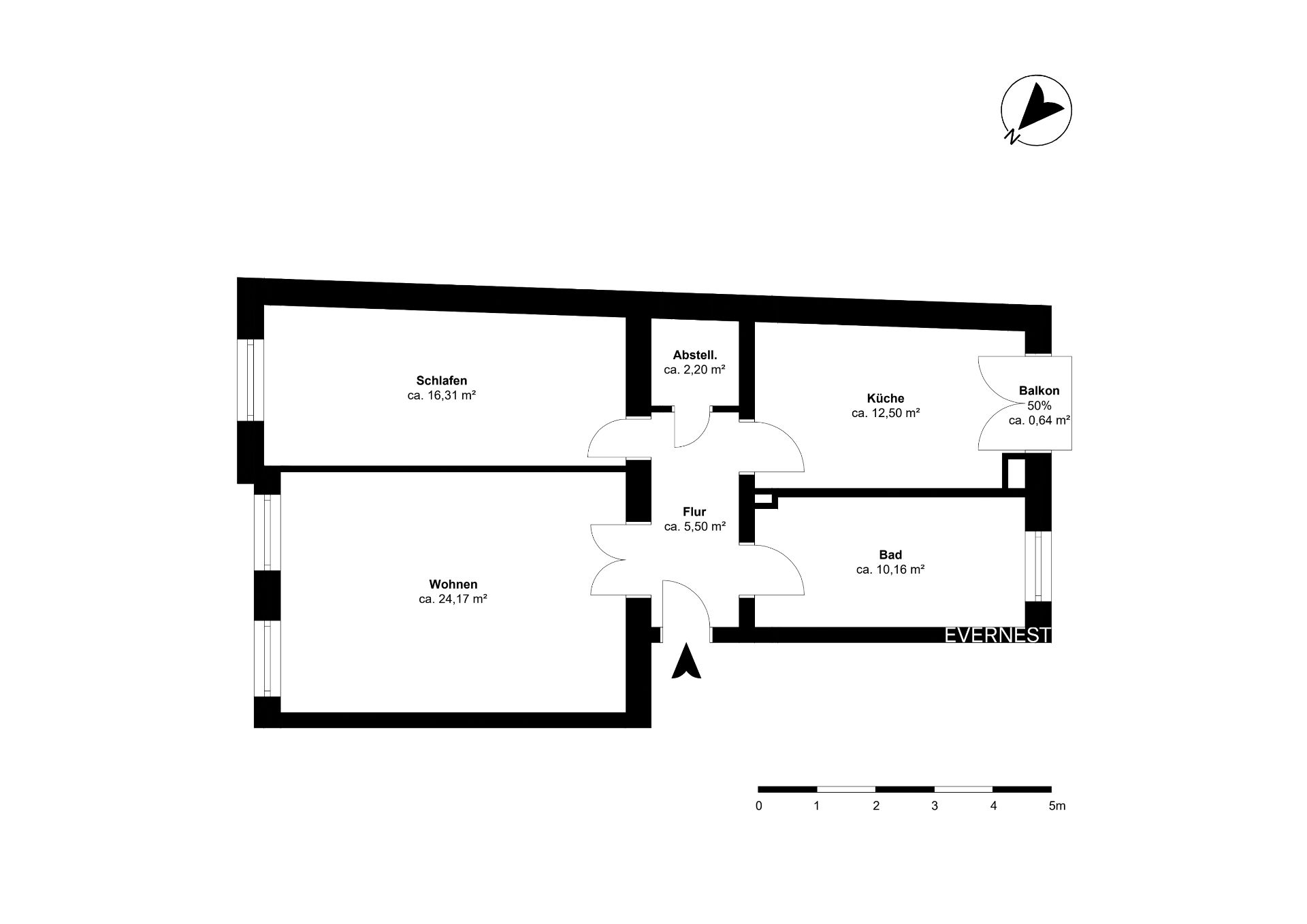 Ein Grundriss mit Schlafzimmer, Wohnzimmer, Küche, Bad, Abstellraum, Flur und kleinem Balkon.