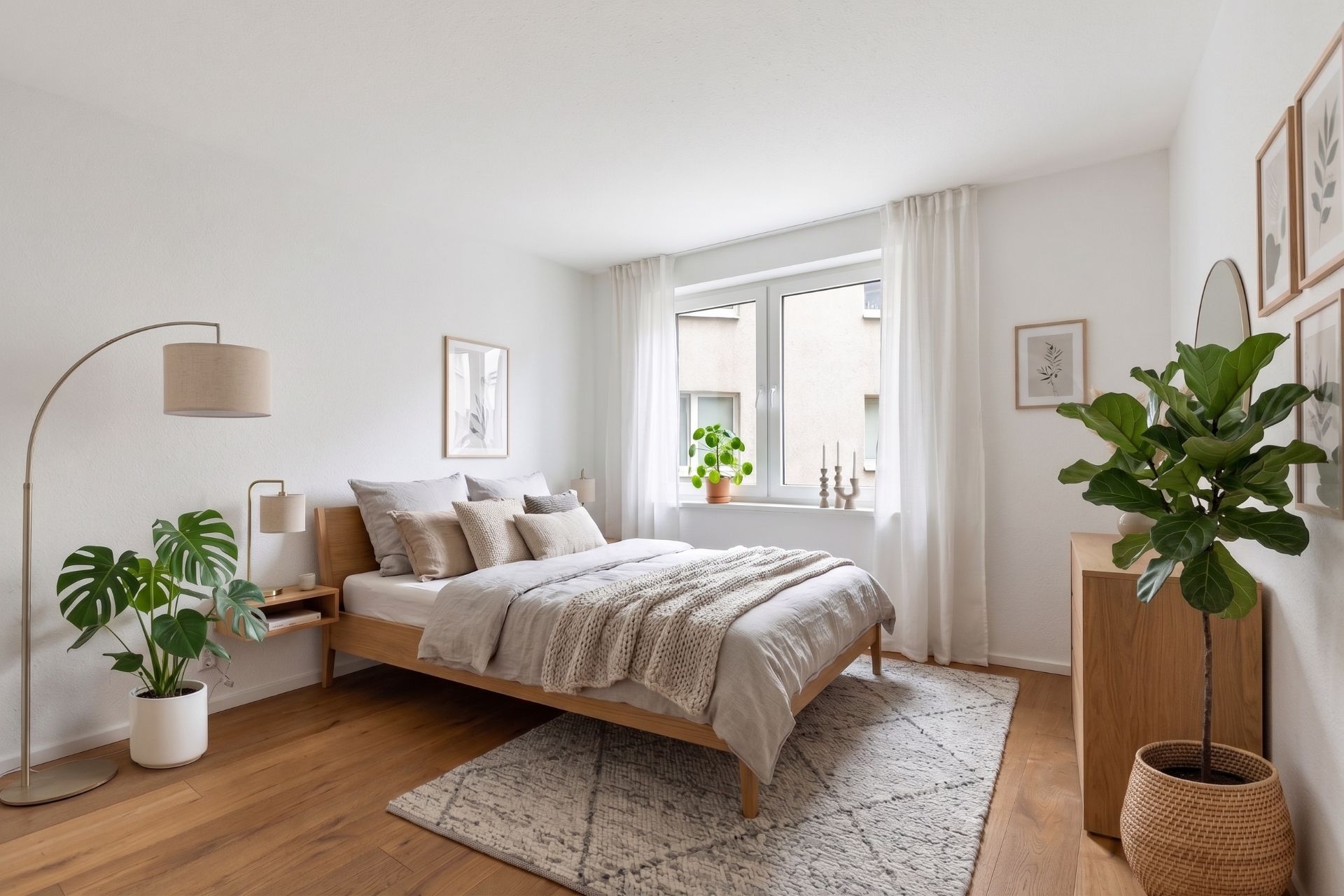 Helles Schlafzimmer mit Doppelbett, Pflanzen, Teppich und großem Fenster mit weißen Vorhängen.