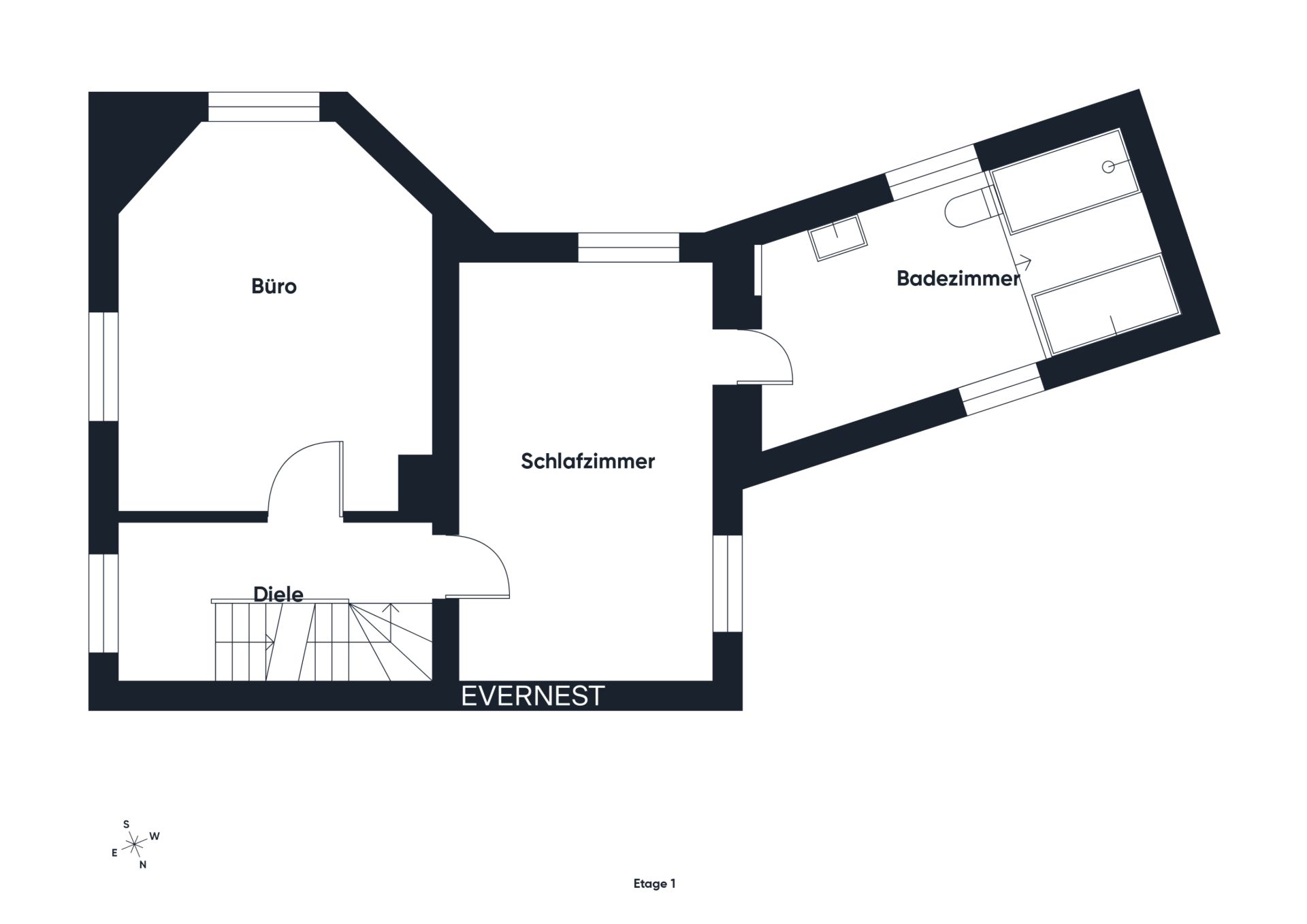 Grundriss mit Büro, Schlafzimmer, Badezimmer und Diele, verbunden durch Türen.