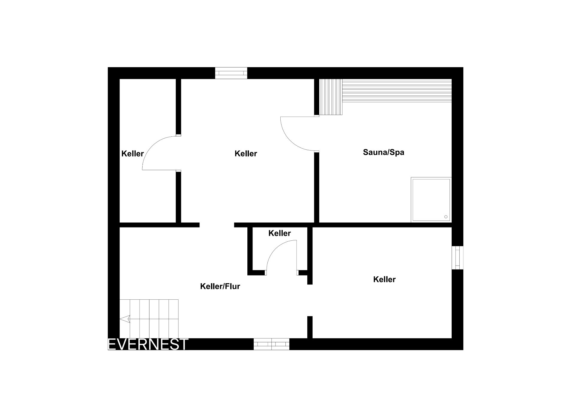 Grundriss eines Kellers mit mehreren Kellerräumen, Flur und Sauna/Spa-Bereich.