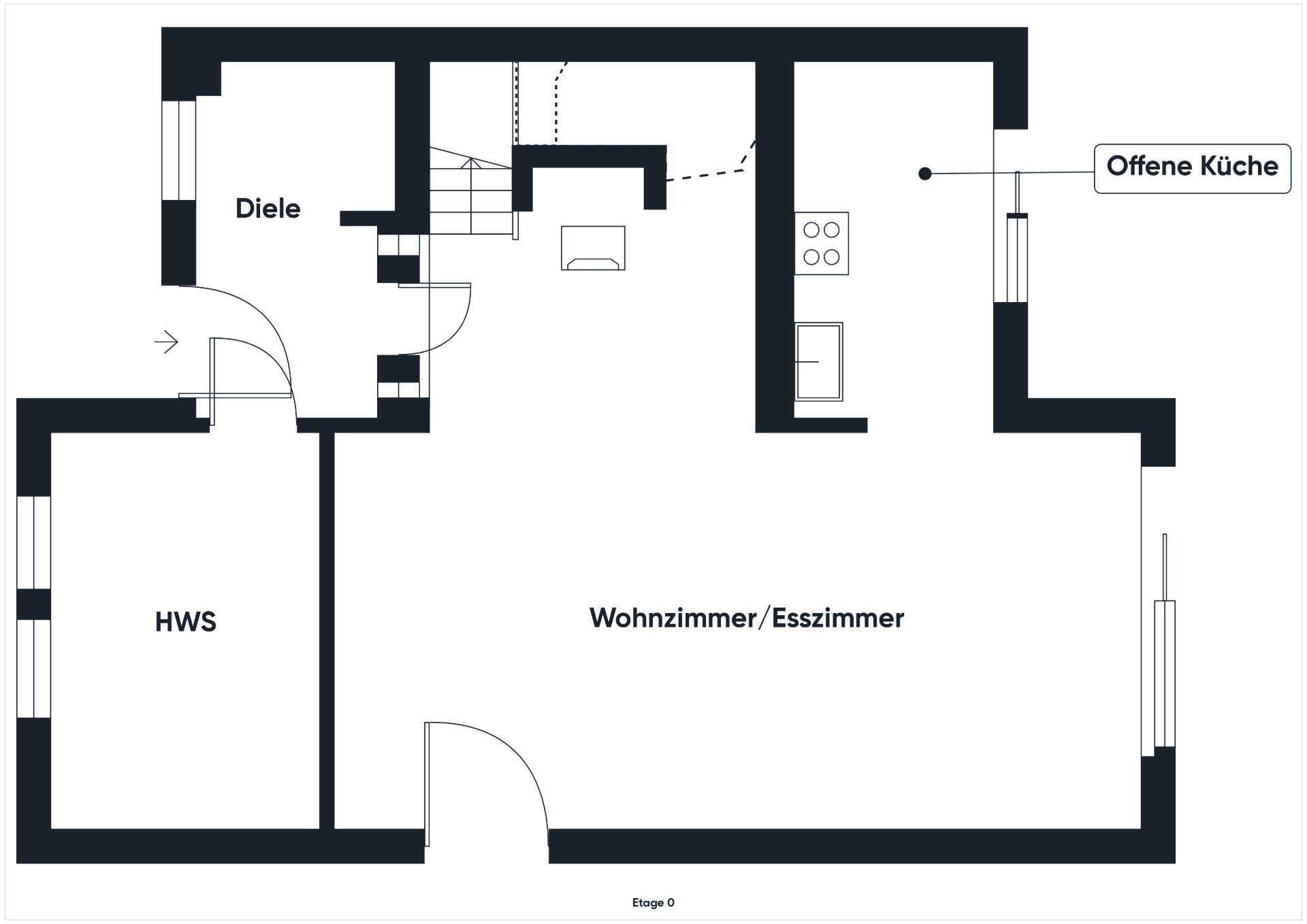 Grundriss mit Diele, HWS, offenem Wohnzimmer/Esszimmer und offener Küche.