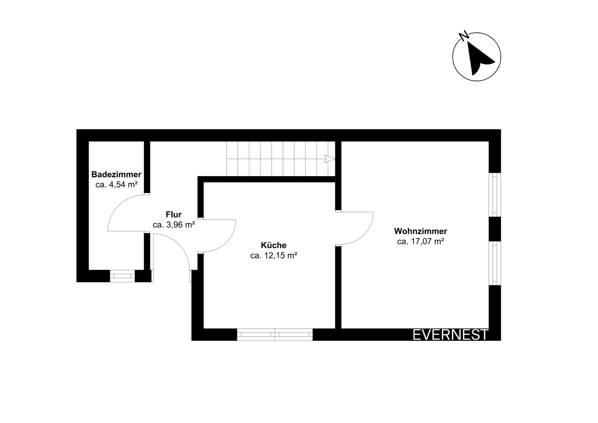 Grundriss mit Badezimmer, Flur, Küche und Wohnzimmer, Flächenangaben in Quadratmetern.