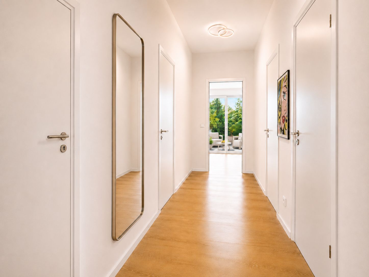 Heller Flur mit Holzboden, weißen Türen, großem Spiegel und Bild an der Wand.