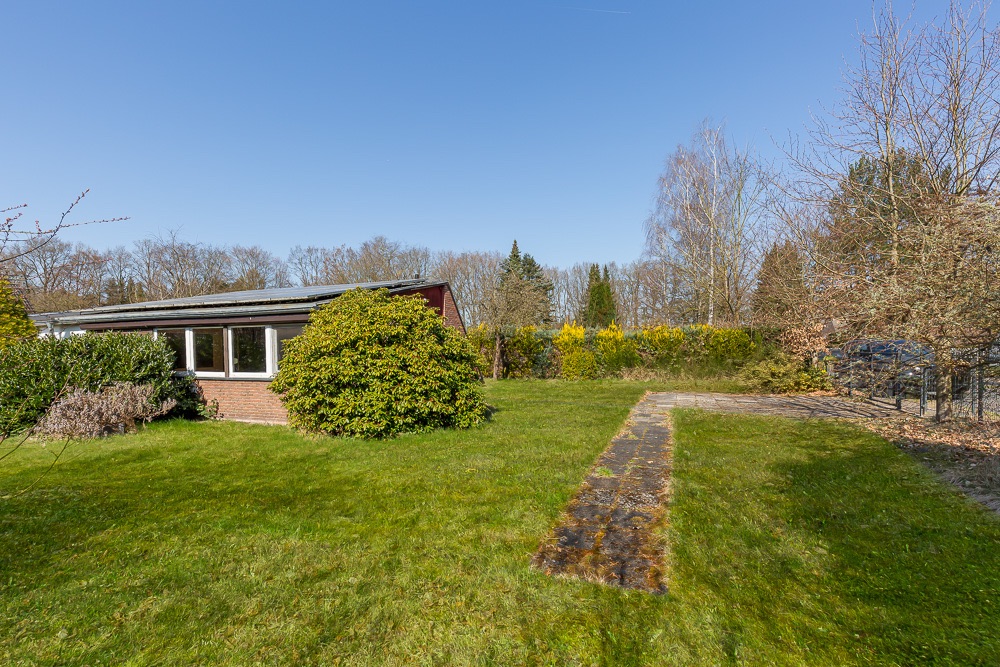 Garten mit Rasen, gepflastertem Weg und flachem Haus mit Fenstern im Hintergrund.