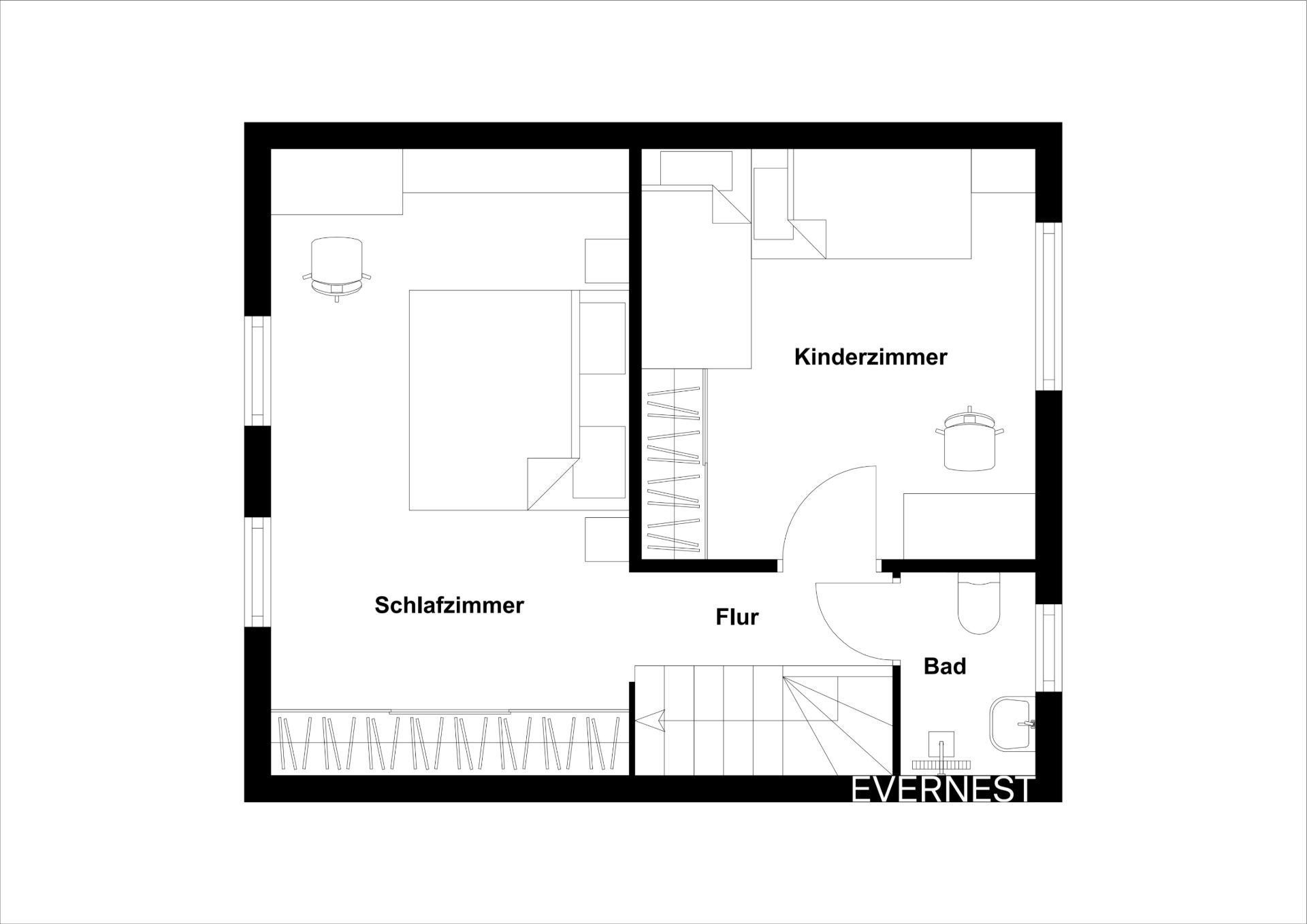 Grundriss mit Schlafzimmer, Kinderzimmer, Flur und Bad.