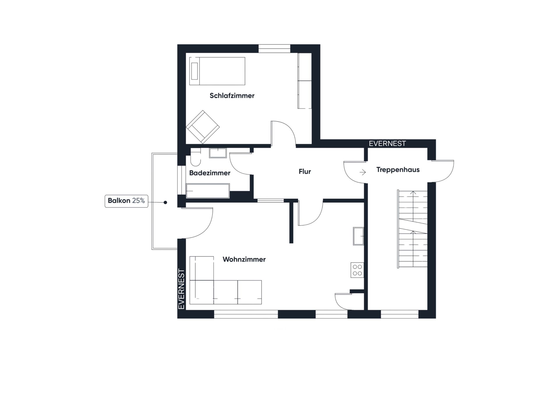Grundriss mit Schlafzimmer, Wohnzimmer, Badezimmer, Flur und Balkon.