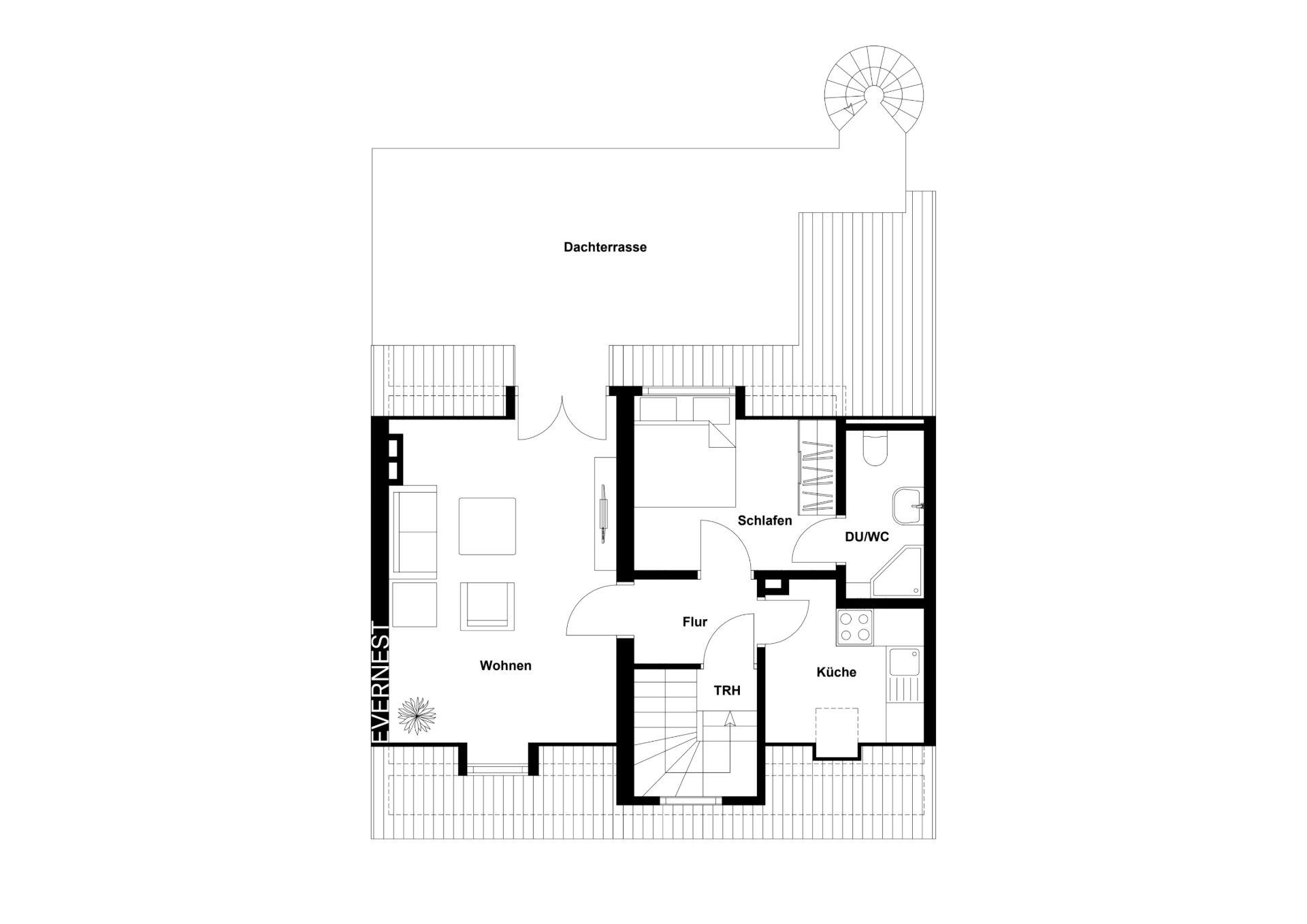 Grundriss einer Wohnung mit Wohnzimmer, Schlafzimmer, Küche, Bad, Flur und Dachterrasse.