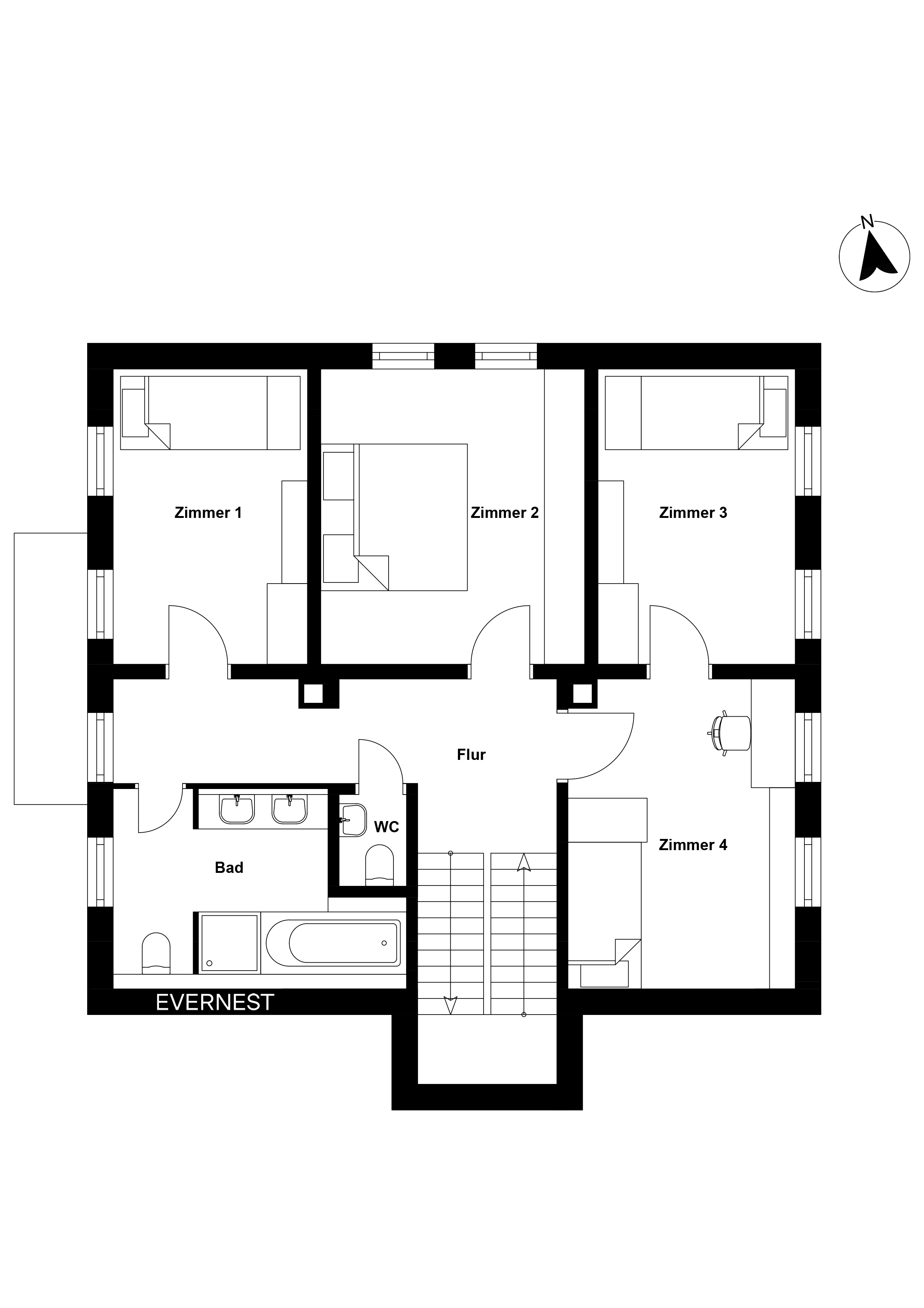 Grundriss mit vier Zimmern, Bad, WC und Flur auf einer Etage.
