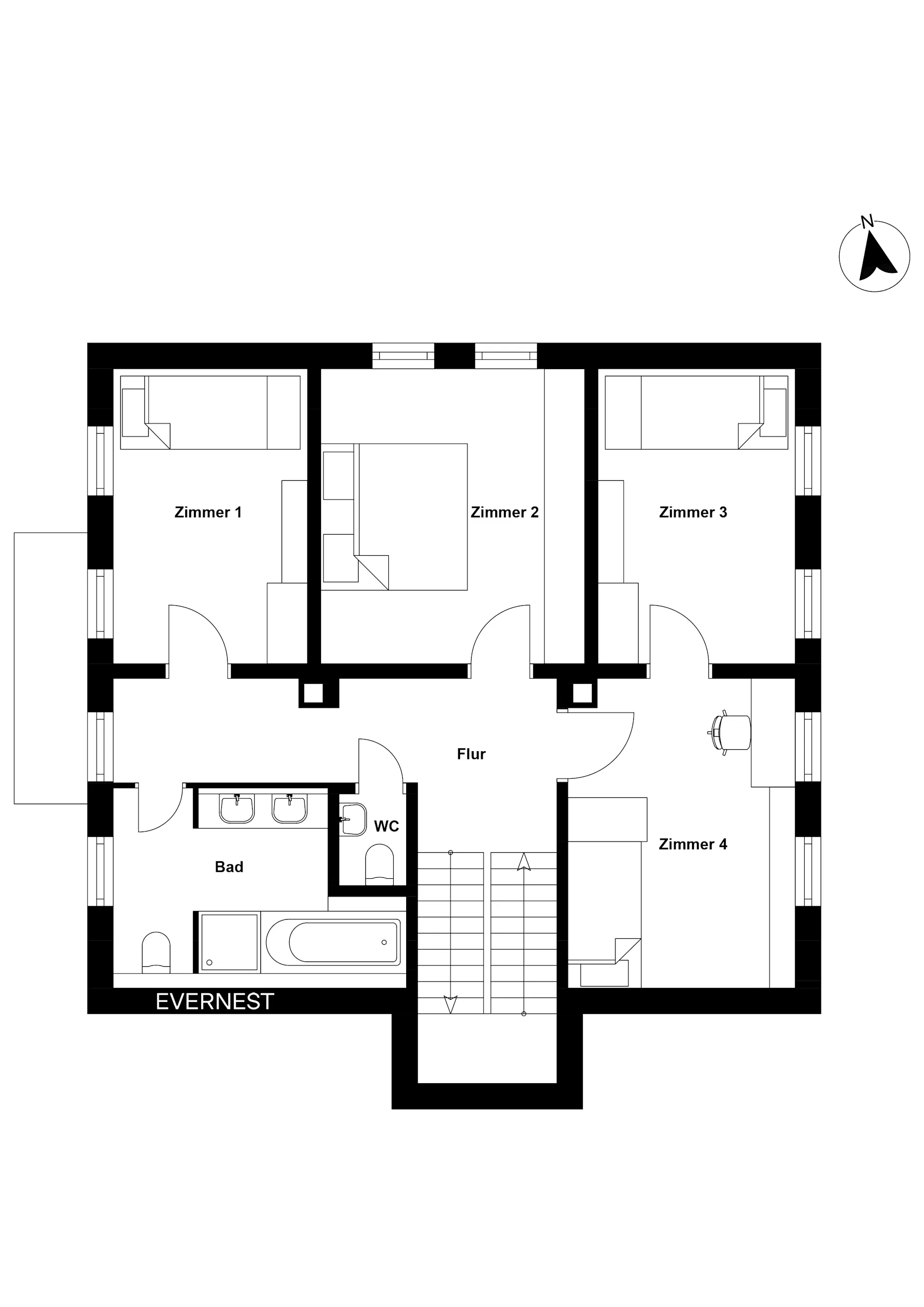 Grundriss mit vier Zimmern, Bad, WC und Flur auf einer Etage.