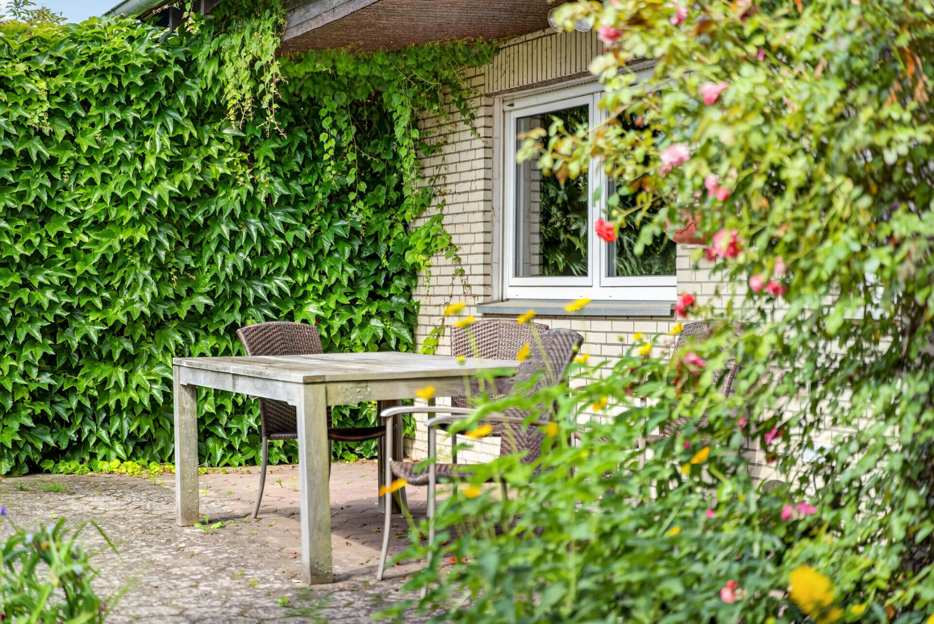 Terrasse mit Holztisch und Stühlen, umgeben von grüner Kletterpflanze und blühenden Büschen.