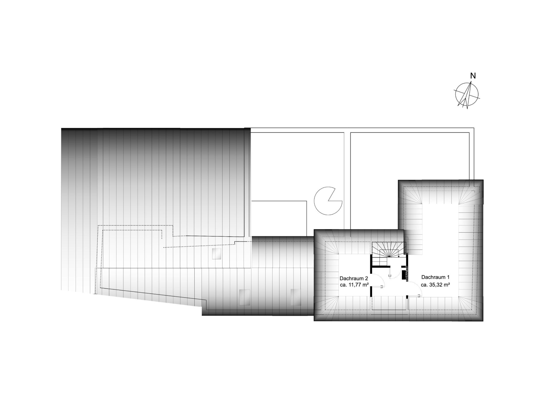Grundriss eines Dachgeschosses mit zwei Dachräumen und Treppe, Grundrissdetails sichtbar.