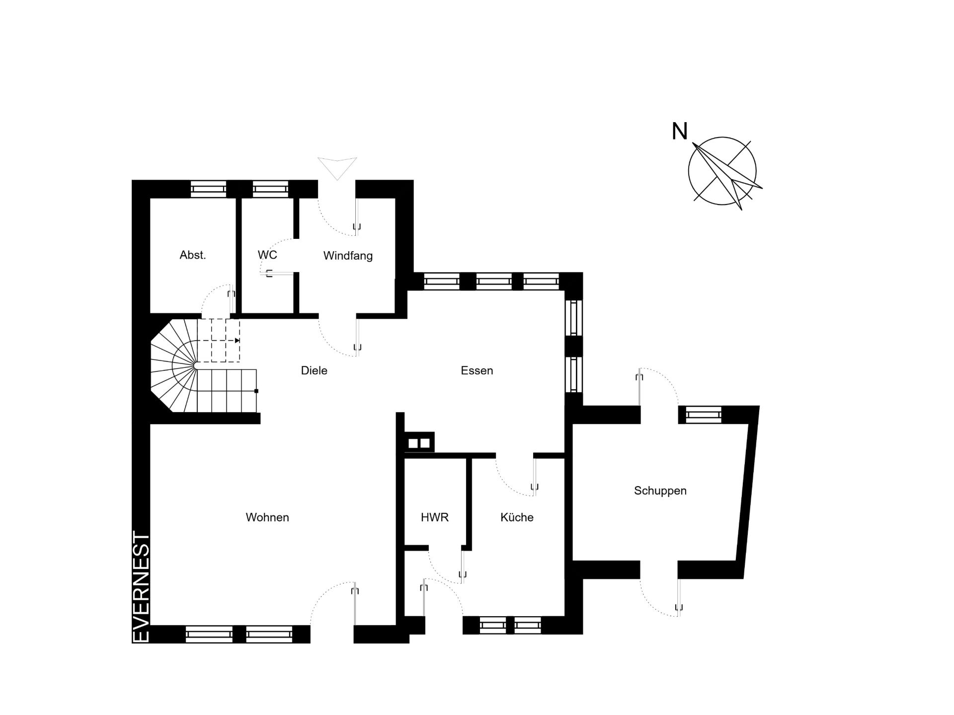 Grundriss eines Wohnhauses mit Räumen wie Wohnen, Essen, Küche, WC und Schuppen.