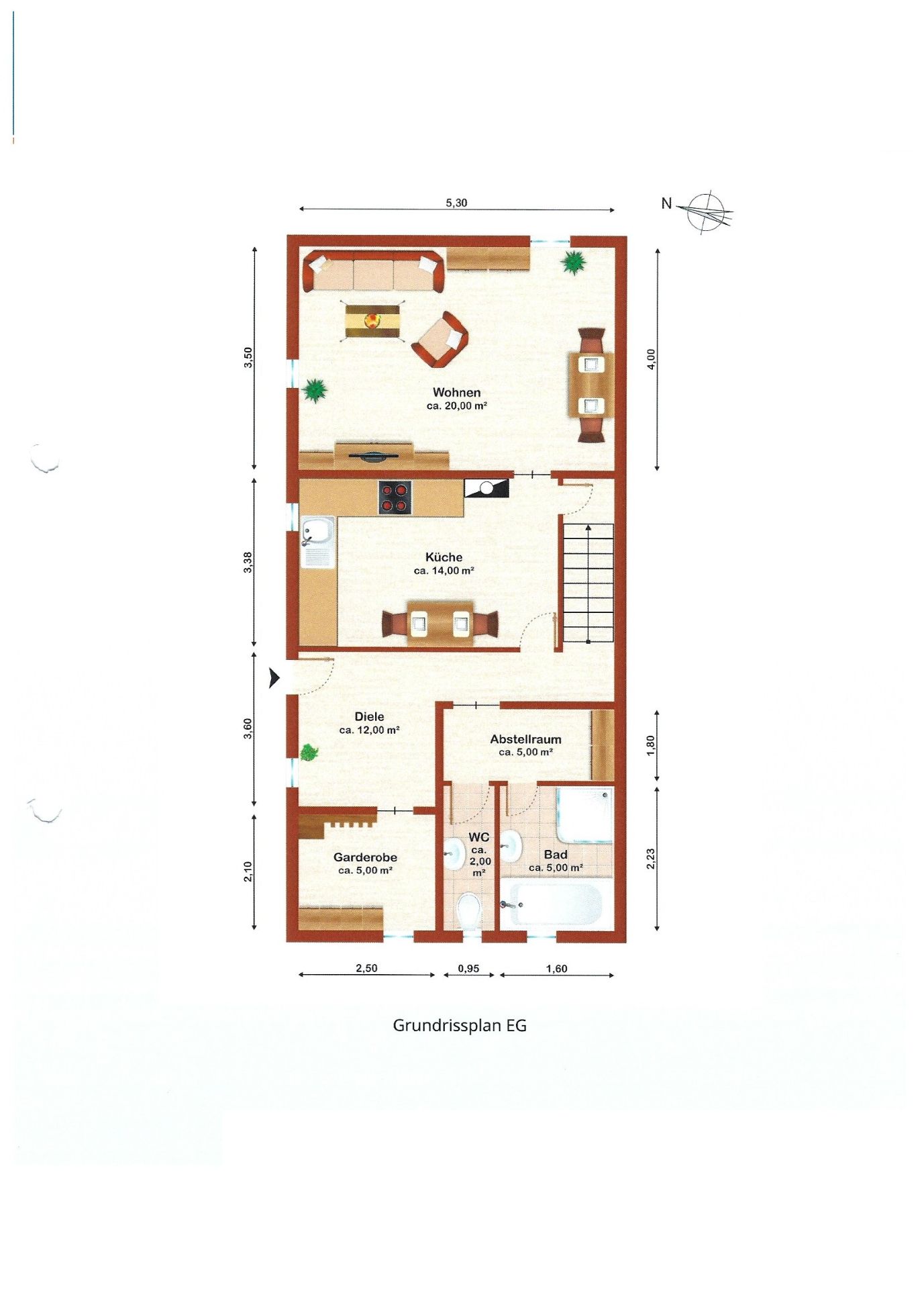 Grundrissplan des Erdgeschosses mit Wohnzimmer, Küche, Bad, WC, Abstellraum und Garderobe.