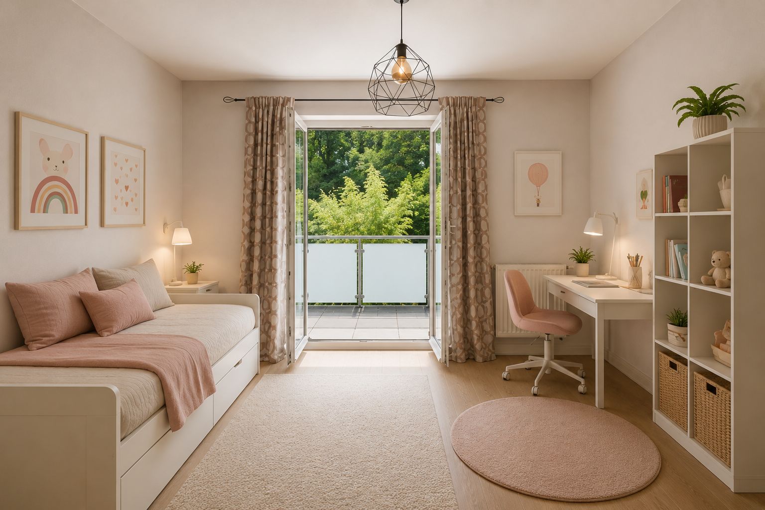 Helles Kinderzimmer mit Bett, Schreibtisch, Regal und offenem Balkonzugang.