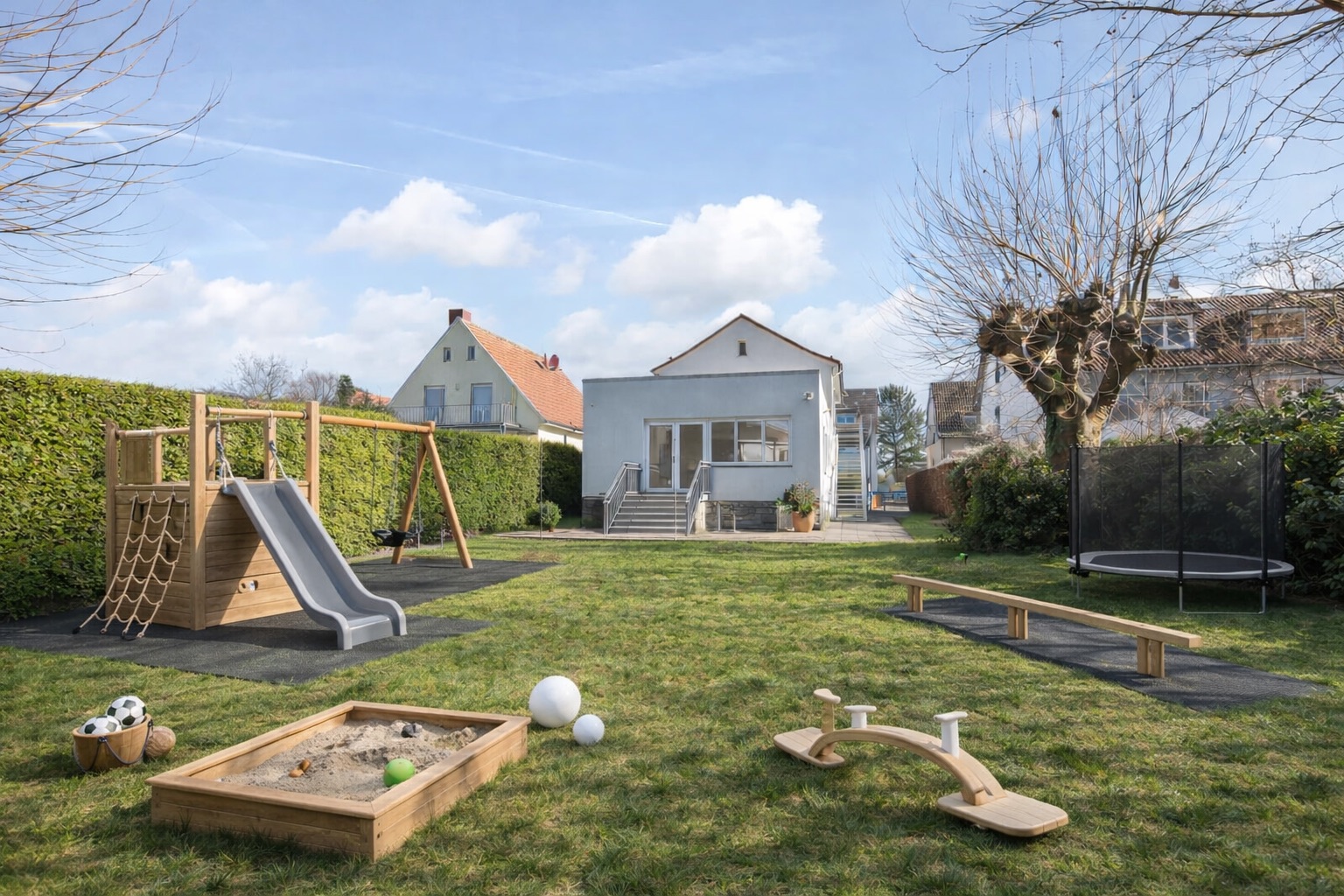 Garten mit Spielplatz, Rutsche, Schaukel, Sandkasten, Wippe und Trampolin vor einem Wohnhaus.