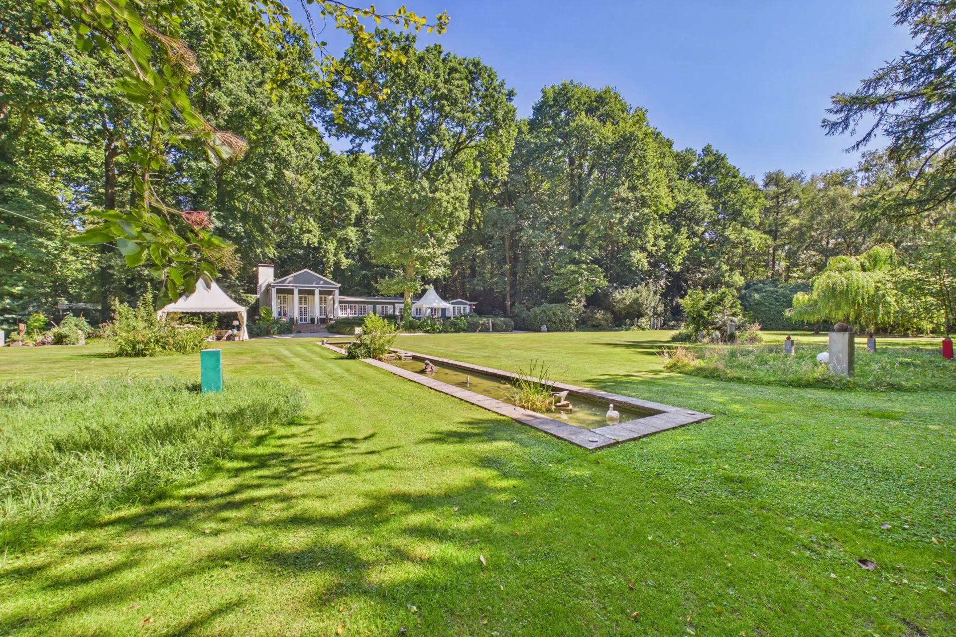 Großer Garten mit Rasenfläche, rechteckigem Teich und Haus im Hintergrund, umgeben von Bäumen.