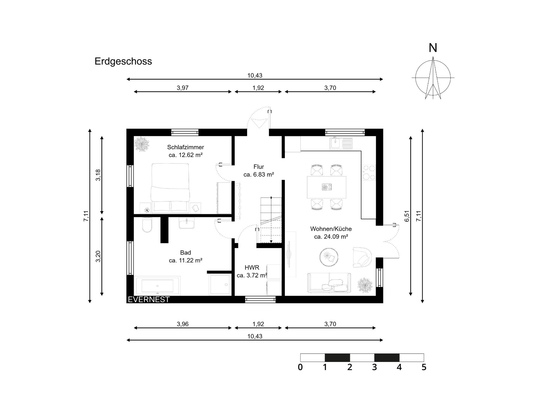 Grundriss des Erdgeschosses mit Schlafzimmer, Bad, Flur, HWR und Wohnküche.