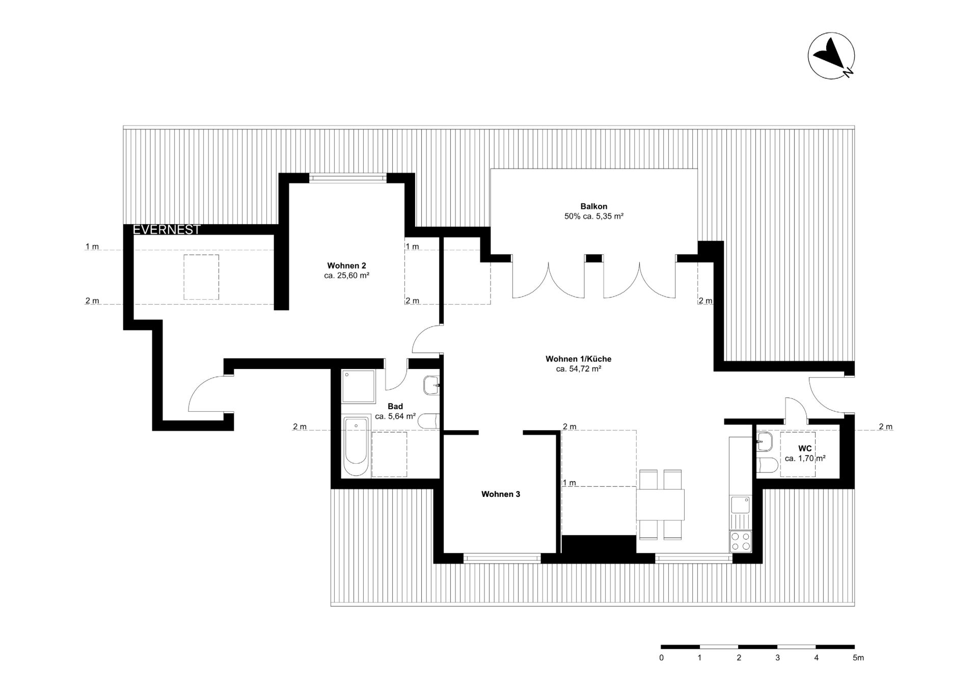 Grundriss einer Wohnung mit drei Zimmern, Küche, Bad, WC und Balkon.