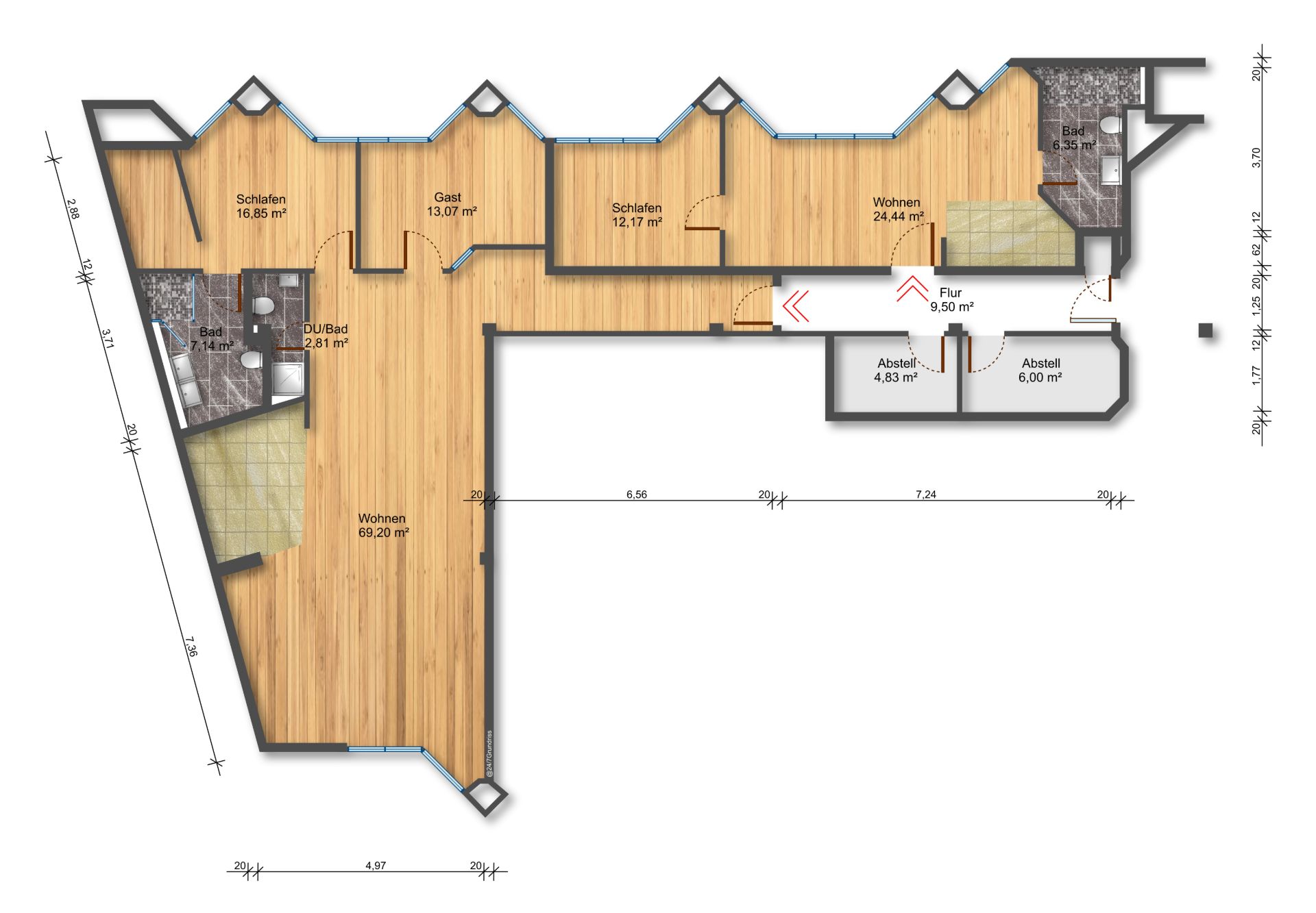 Grundriss einer Wohnung mit Schlafzimmern, Wohnbereichen, Bädern und Abstellräumen.