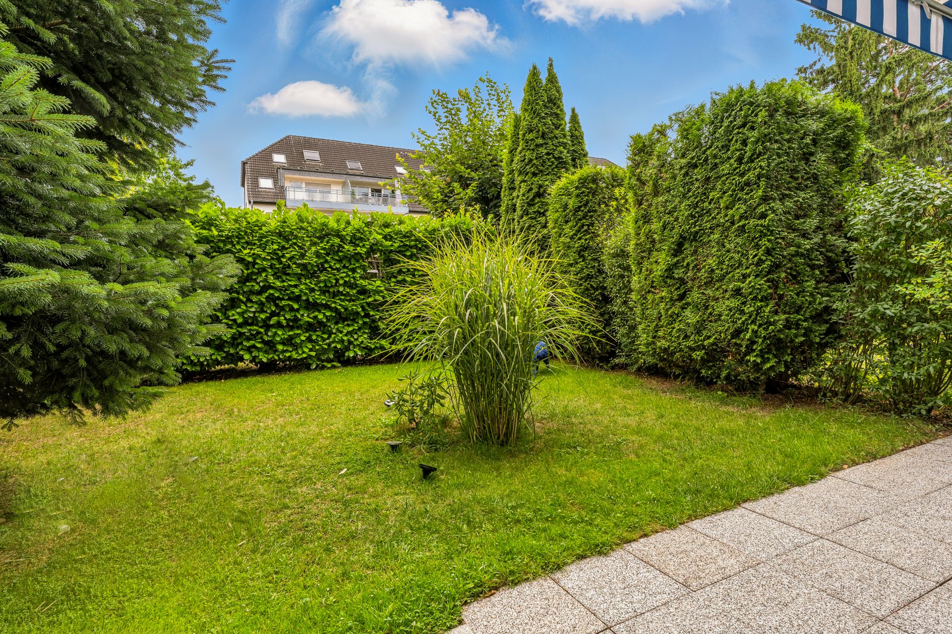 Gepflegter Garten mit Rasen, Sträuchern und einer Terrasse aus Steinplatten.
