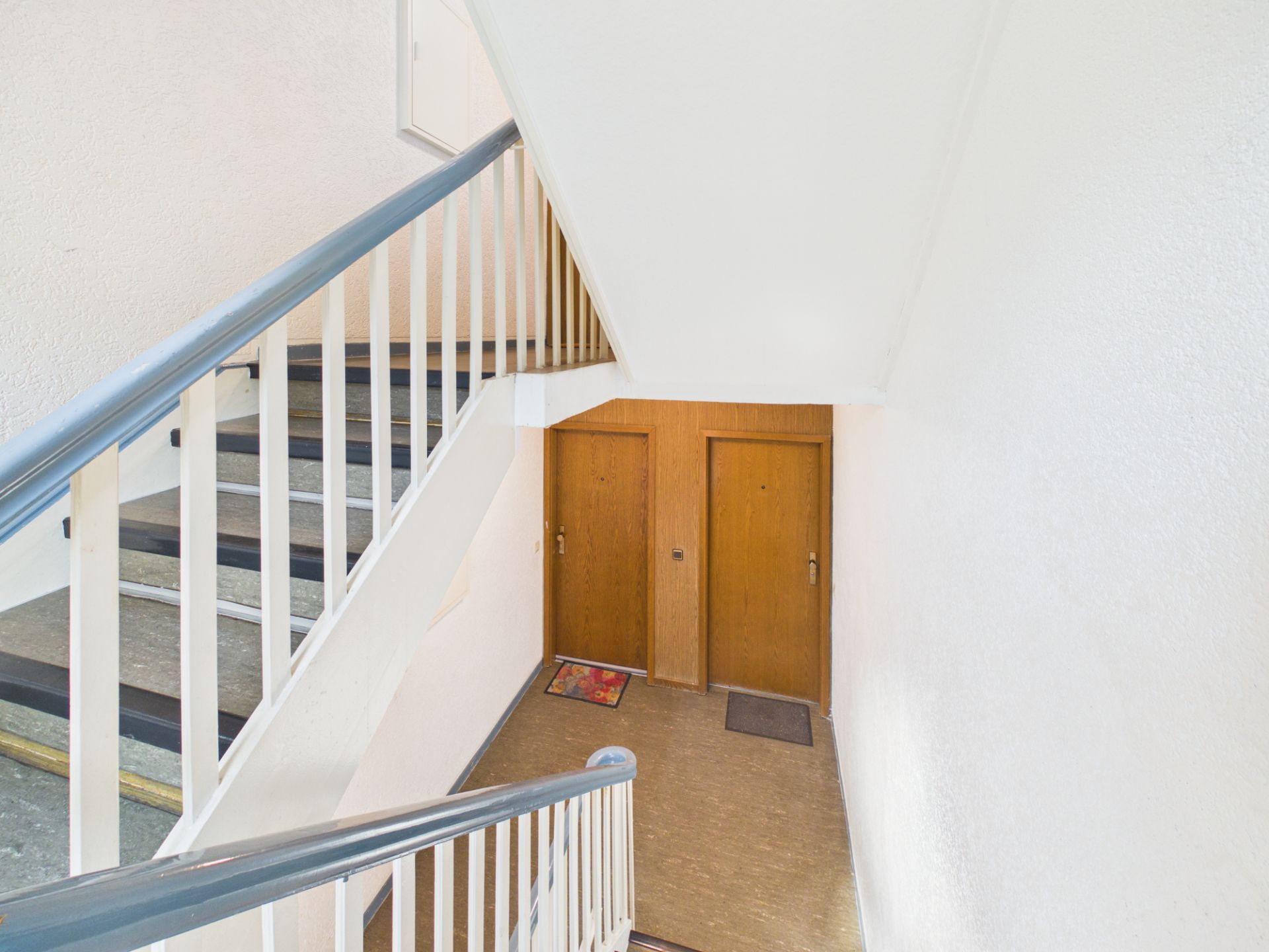 Treppenhaus mit zwei nebeneinanderliegenden Holztüren und zwei Fußmatten.