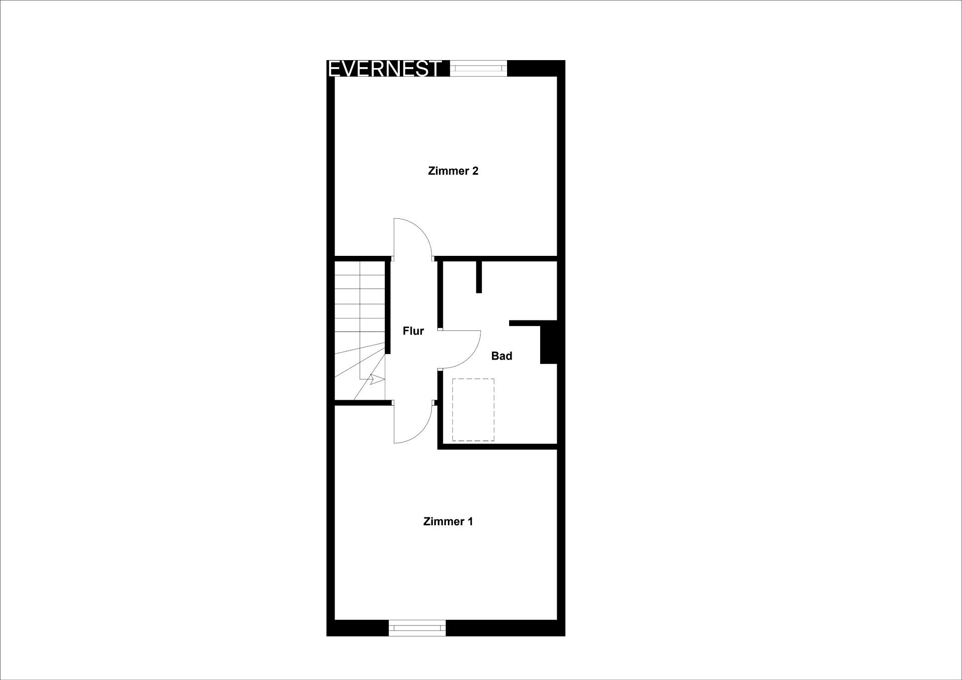 Grundriss mit zwei Zimmern, Flur, Bad und Treppe in einem Wohnhaus.