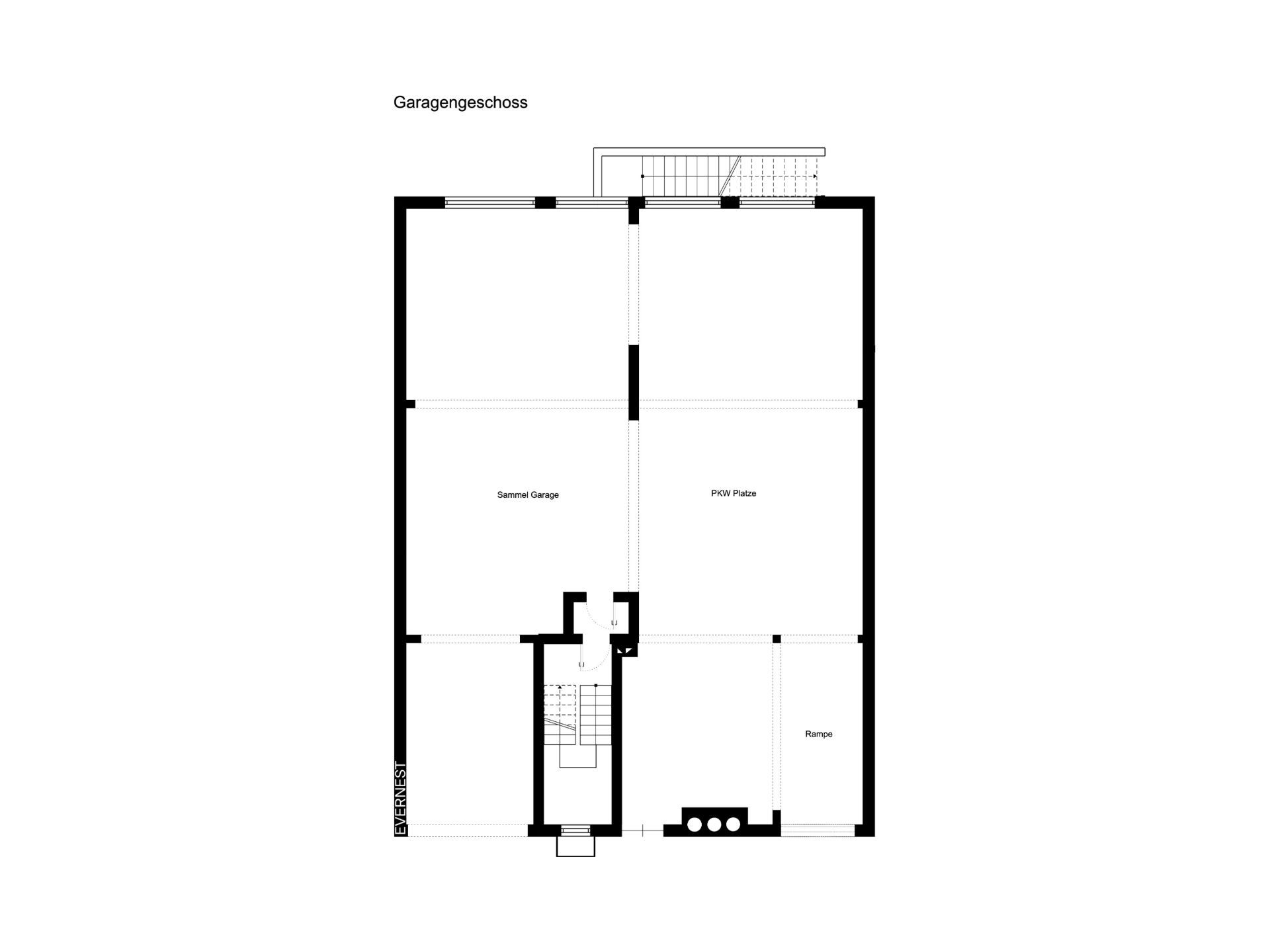 Grundriss eines Garagengeschosses mit Garagenflächen, Rampe und Treppenhaus.