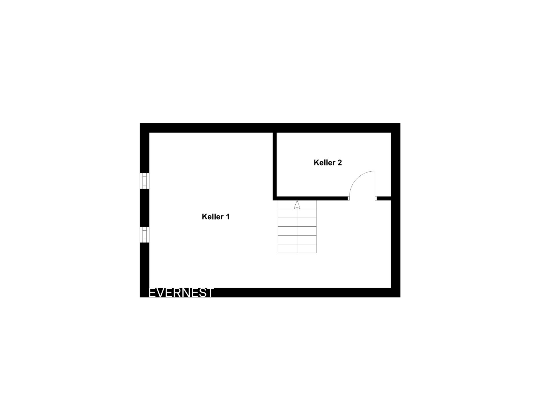 Grundriss mit zwei Kellerräumen und einer Treppe in der Mitte.